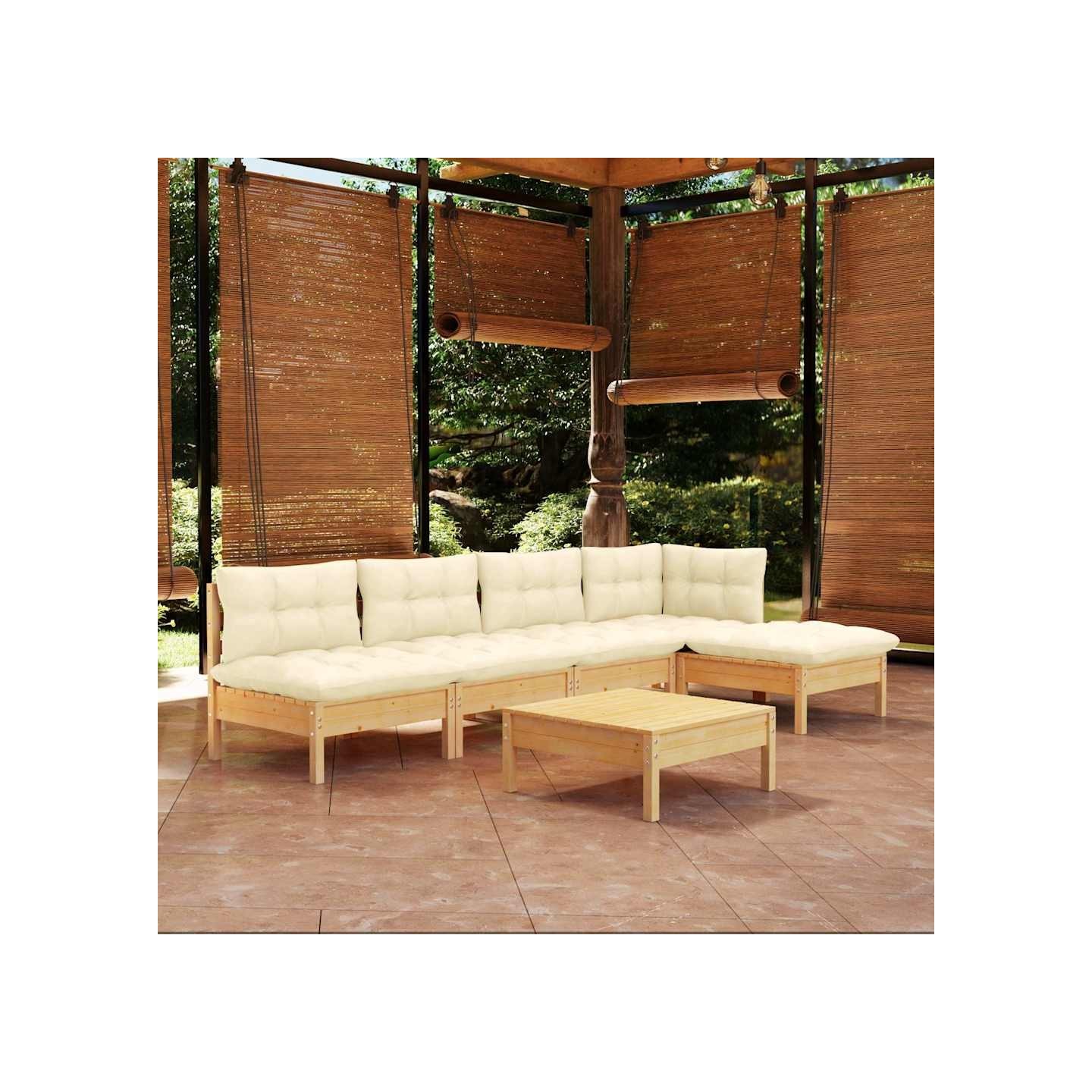 Salon de jardin 6 pcs avec coussins crème bois de pin
