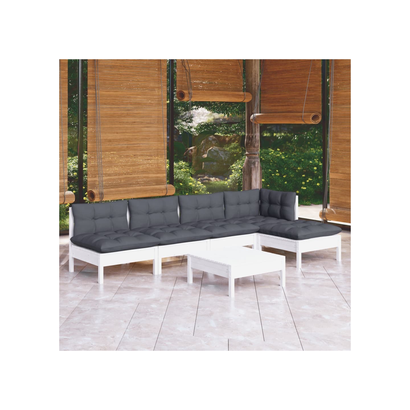 Salon de jardin 6 pcs avec coussins blanc bois de pin