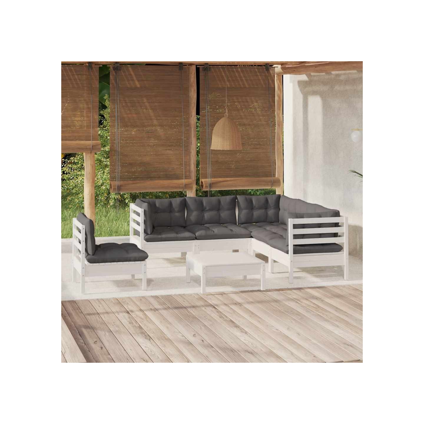 Salon de jardin 6 pcs avec coussins blanc bois de pin