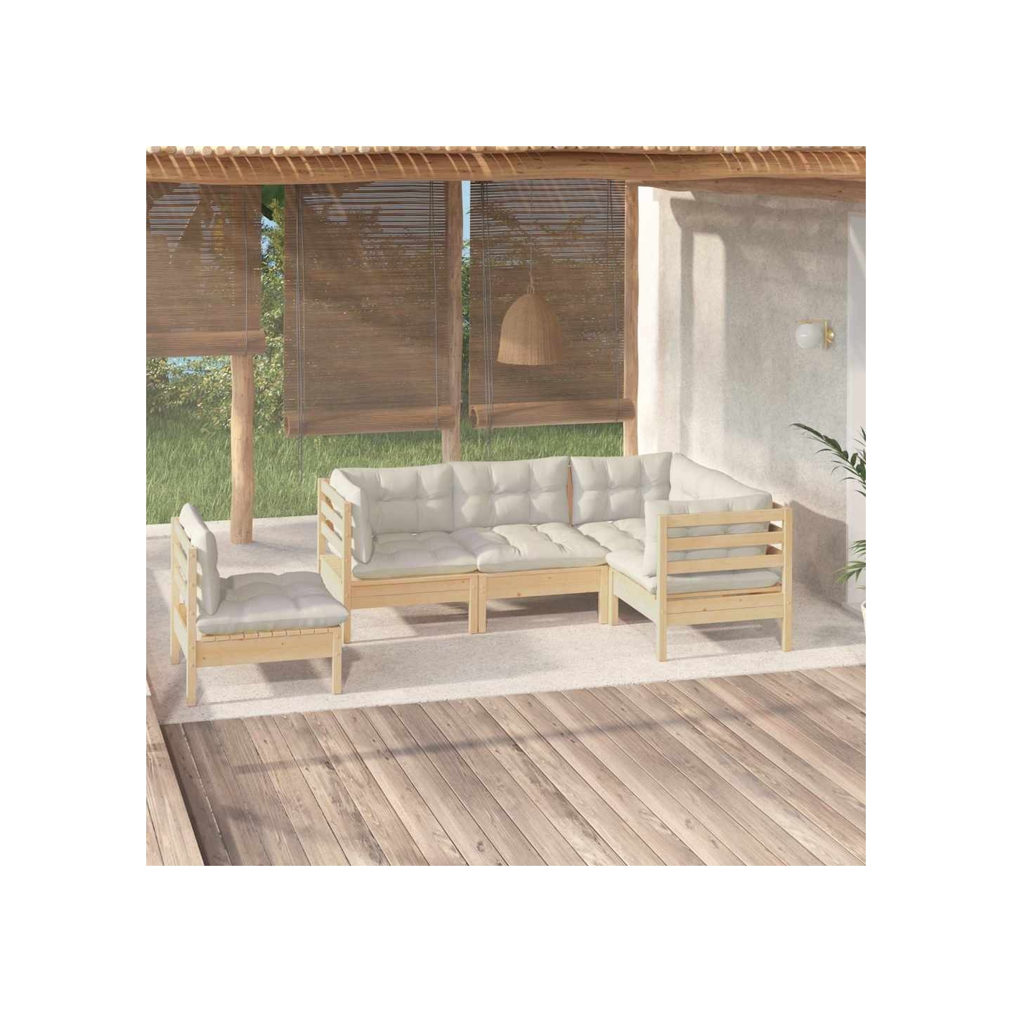Salon de jardin 5 pcs avec coussins crème bois de pin