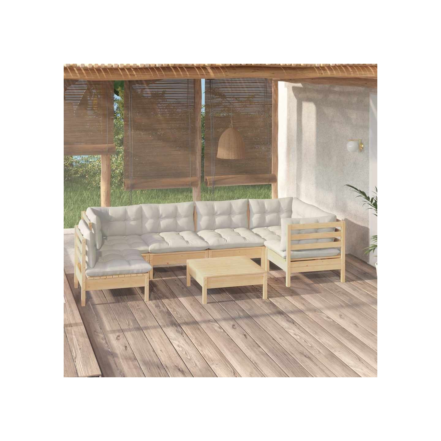 Salon de jardin 7 pcs avec coussins crème bois de pin