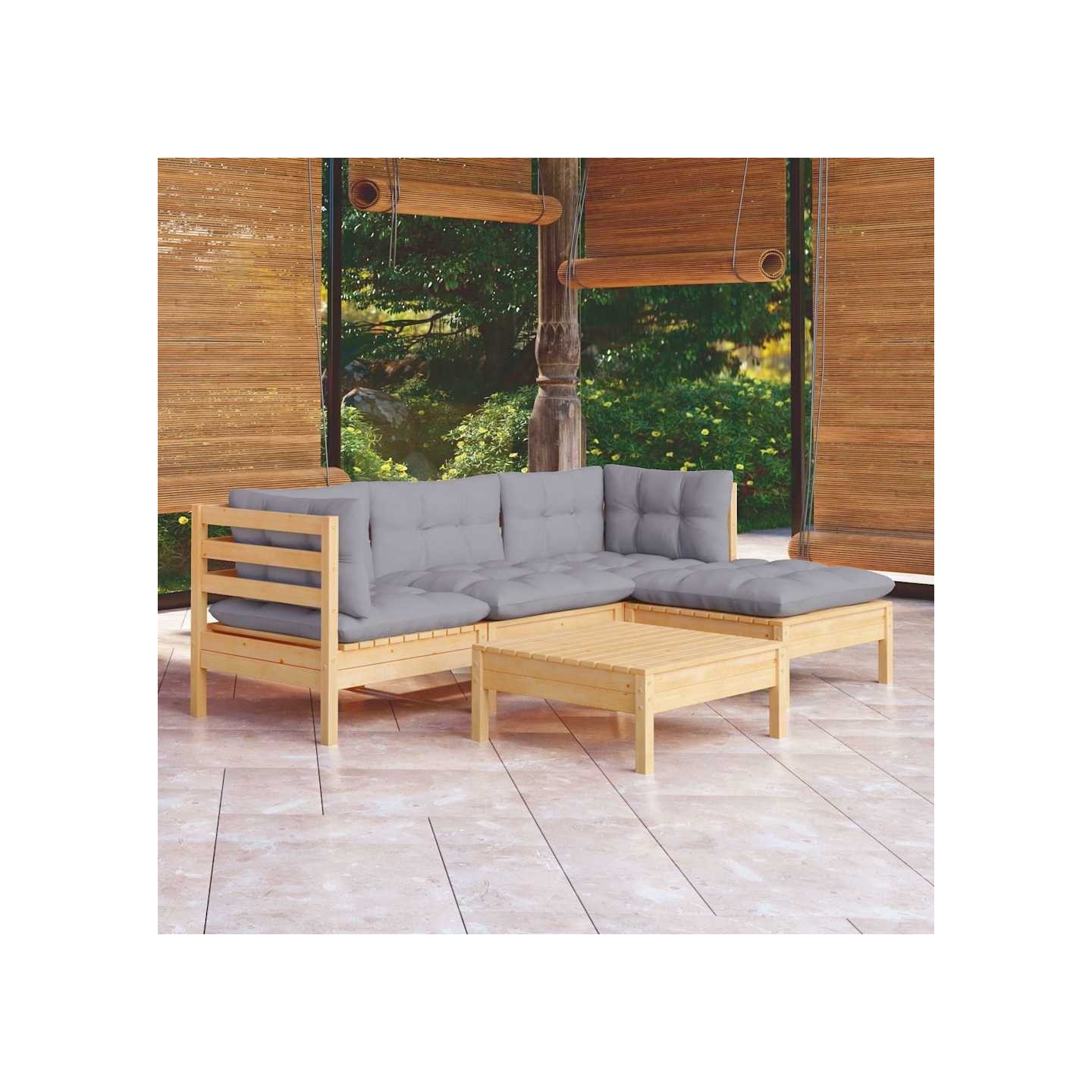 Salon de jardin 5 pcs avec coussins gris bois de pin