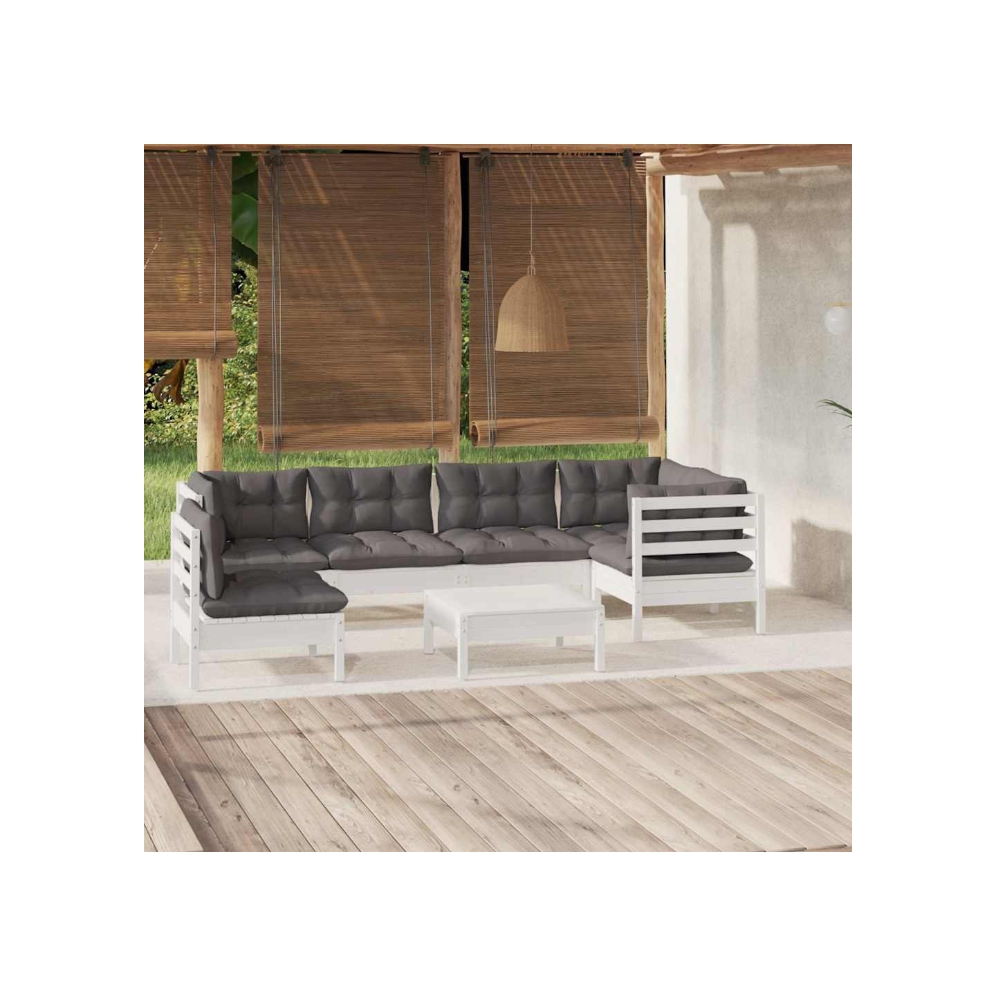 Salon de jardin 7 pcs avec coussins blanc bois de pin
