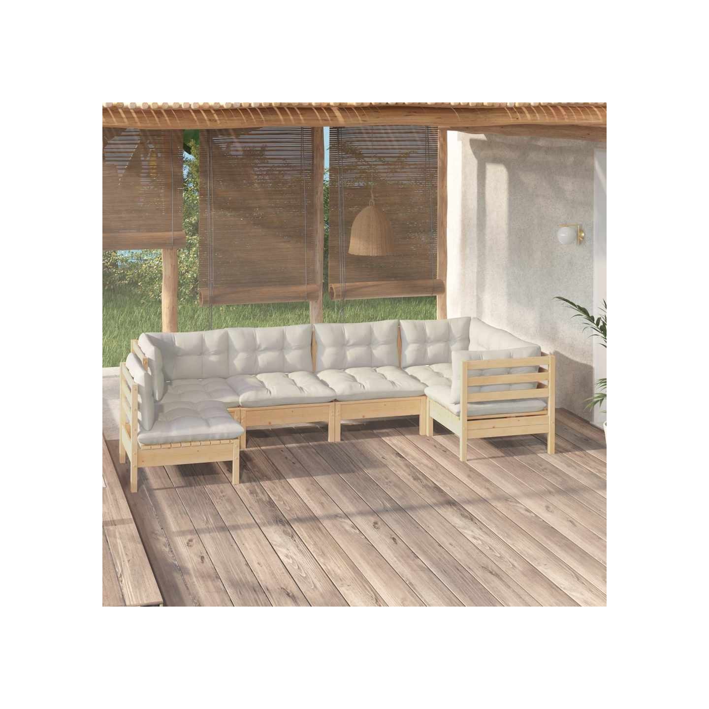 Salon de jardin 6 pcs avec coussins crème bois de pin