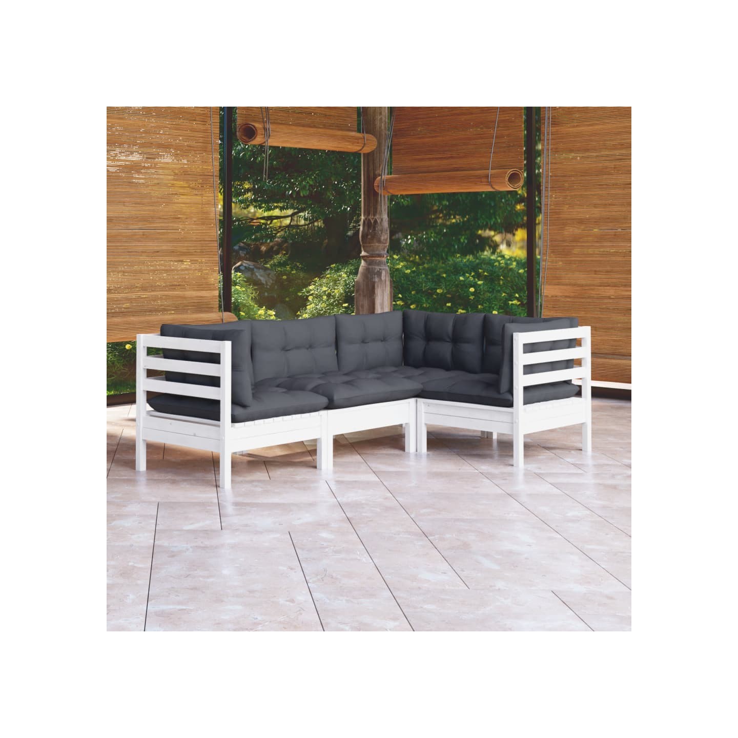 Salon de jardin 4 pcs avec coussins blanc bois de pin