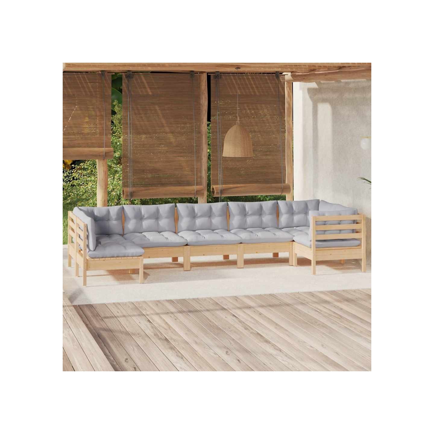 Salon de jardin 7 pcs avec coussins gris bois de pin