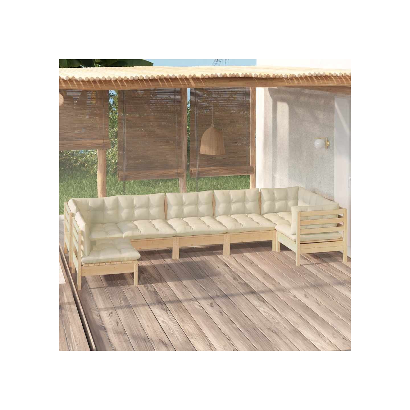 Salon de jardin 7 pcs avec coussins crème bois de pin