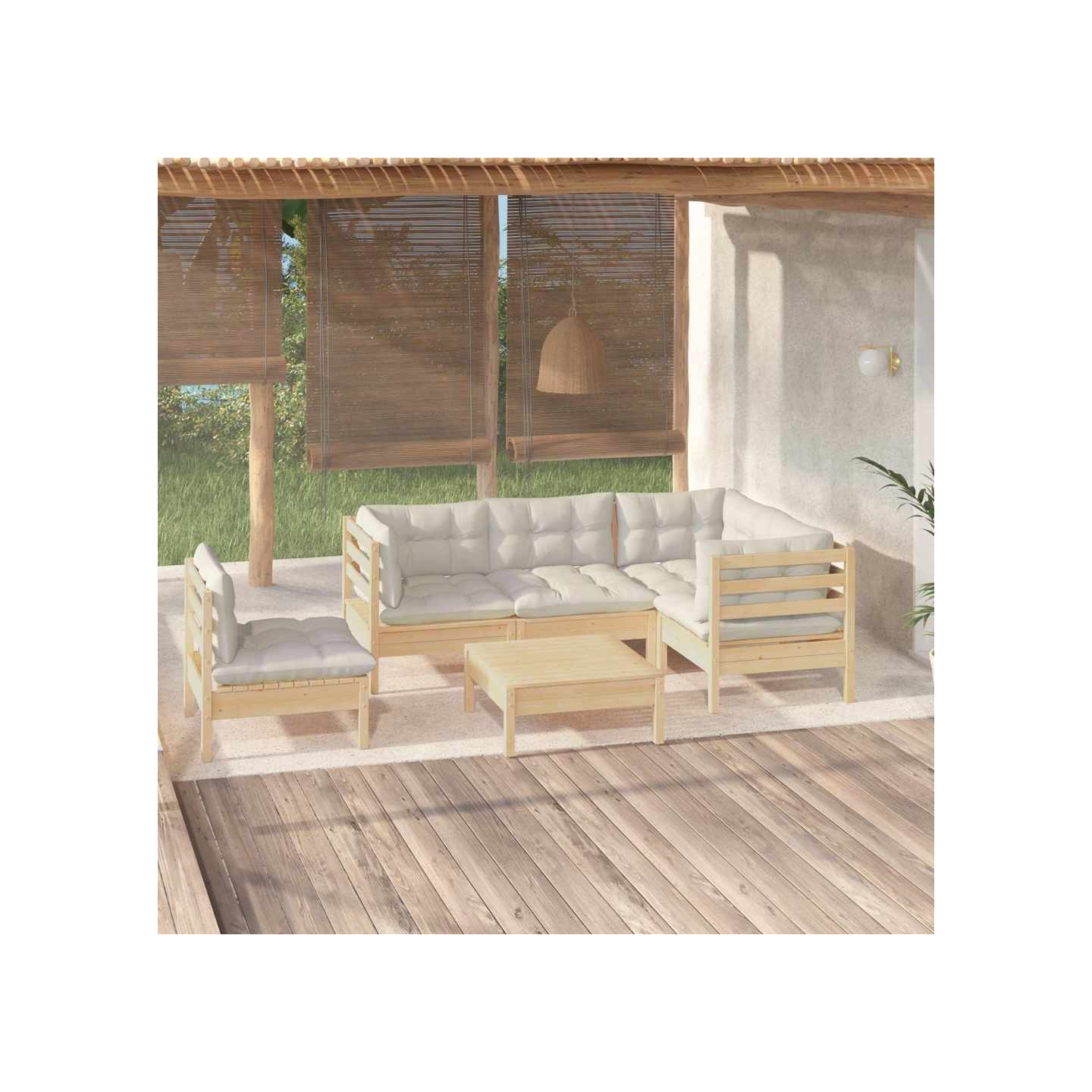 Salon de jardin 6 pcs avec coussins crème bois de pin