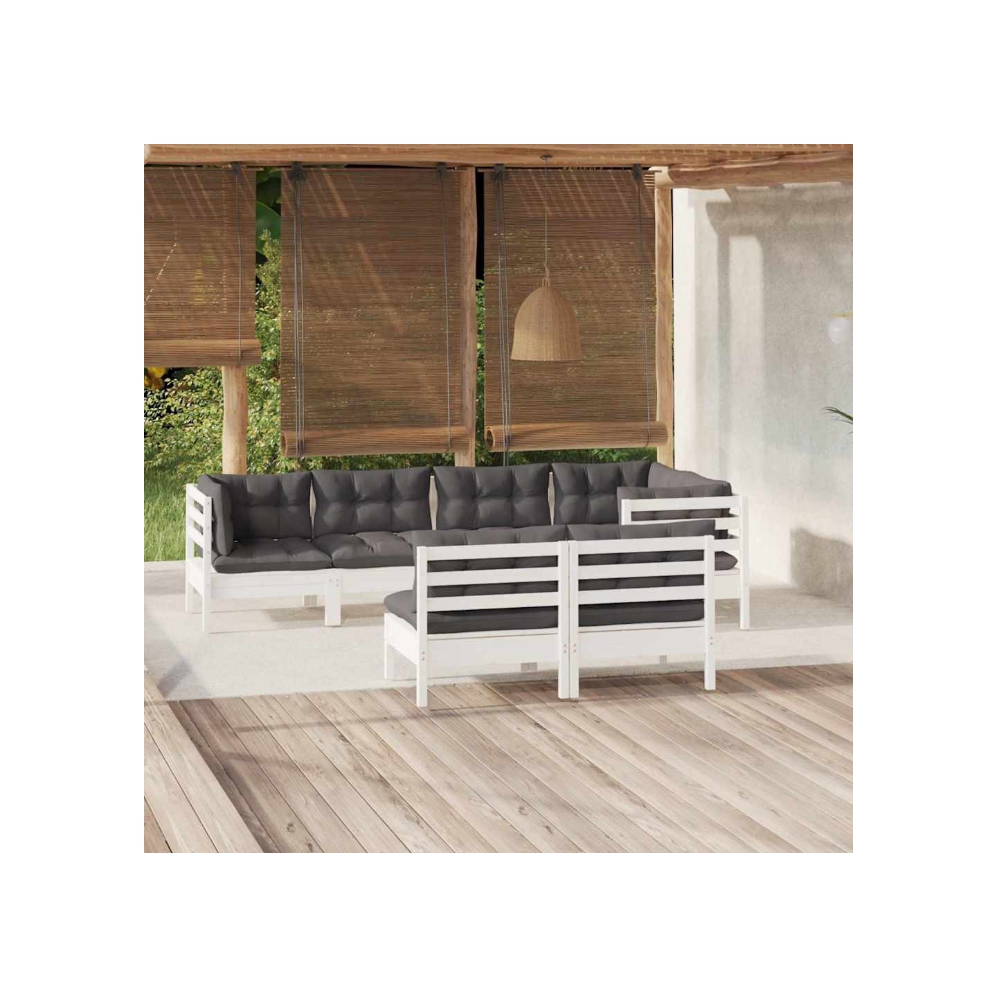 Salon de jardin 7 pcs avec coussins Blanc Bois de pin massif