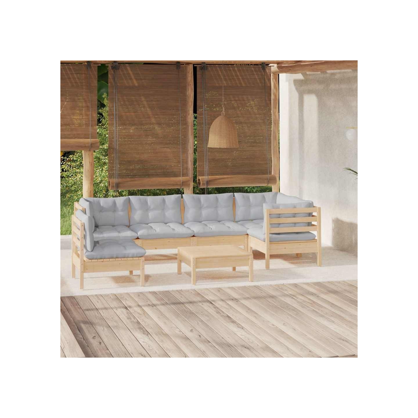 Salon de jardin 7 pcs avec coussins gris bois de pin