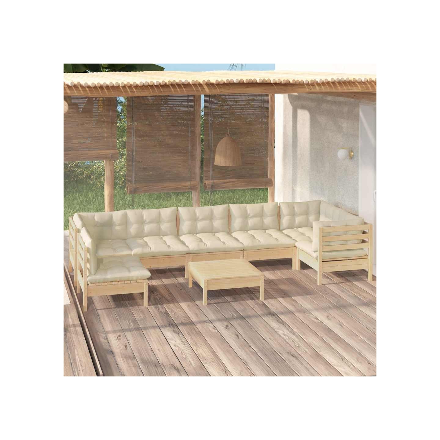 Salon de jardin 8 pcs avec coussins crème Bois de pin