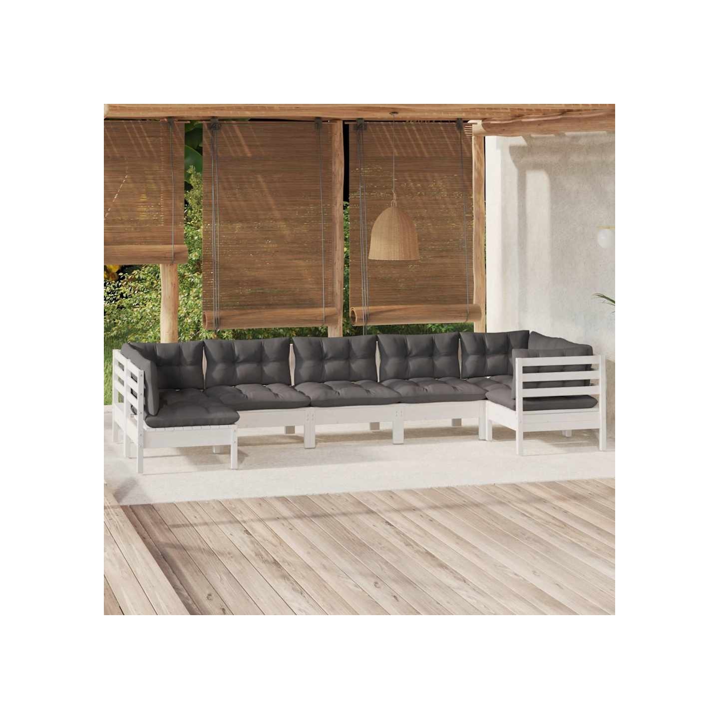 Salon de jardin 7 pcs avec coussins blanc bois de pin