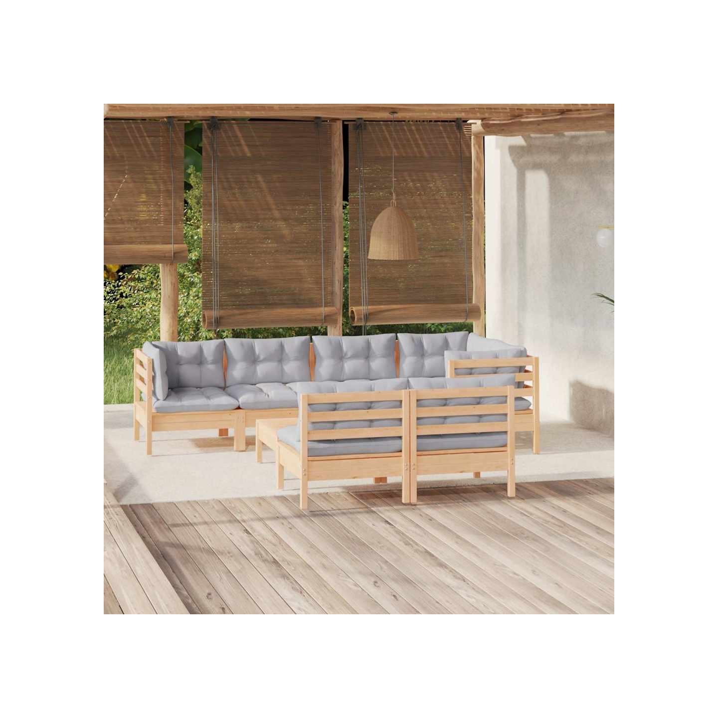 Salon de jardin 8 pcs avec coussins gris Bois de pin massif