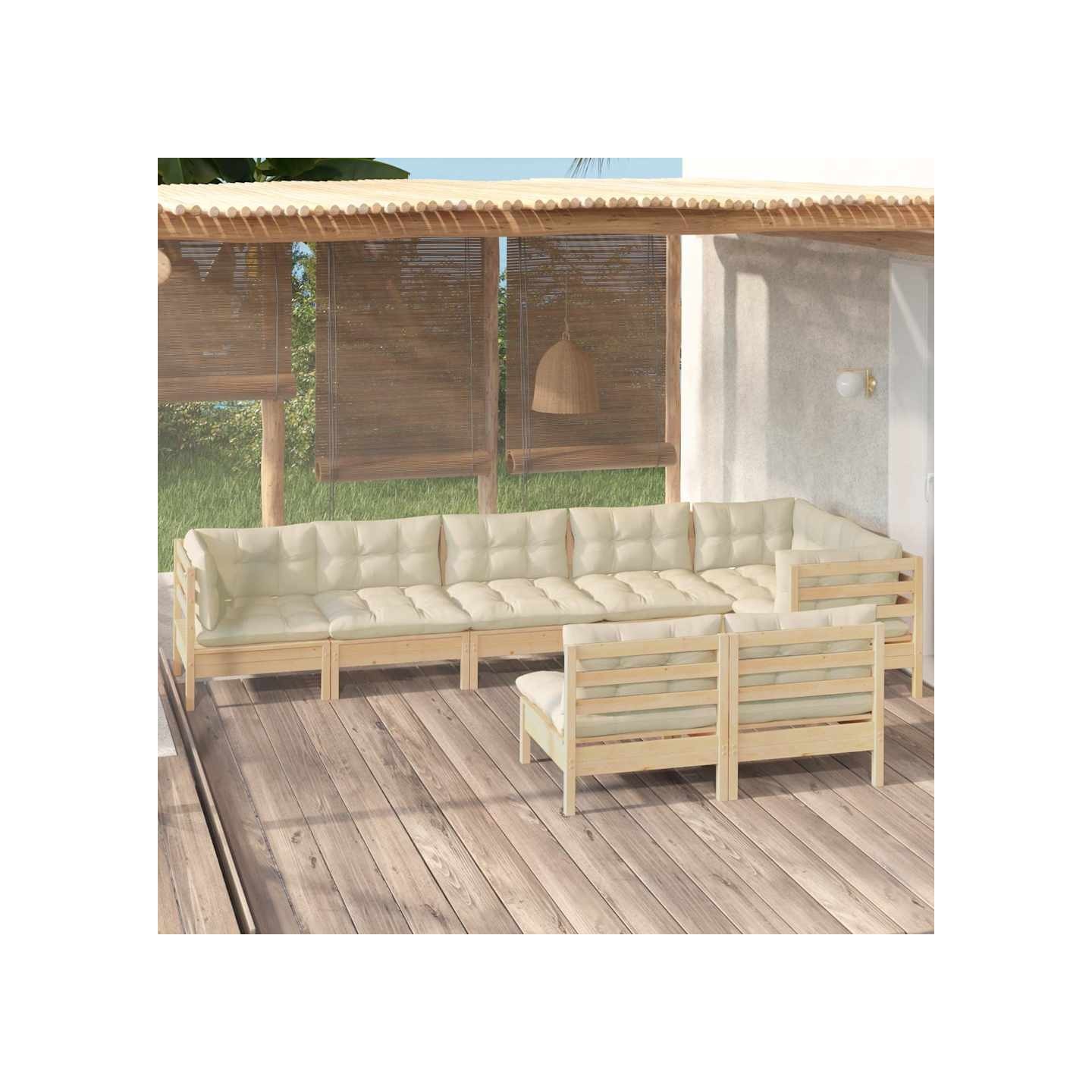 Salon de jardin 8 pcs avec coussins crème Bois de pin massif