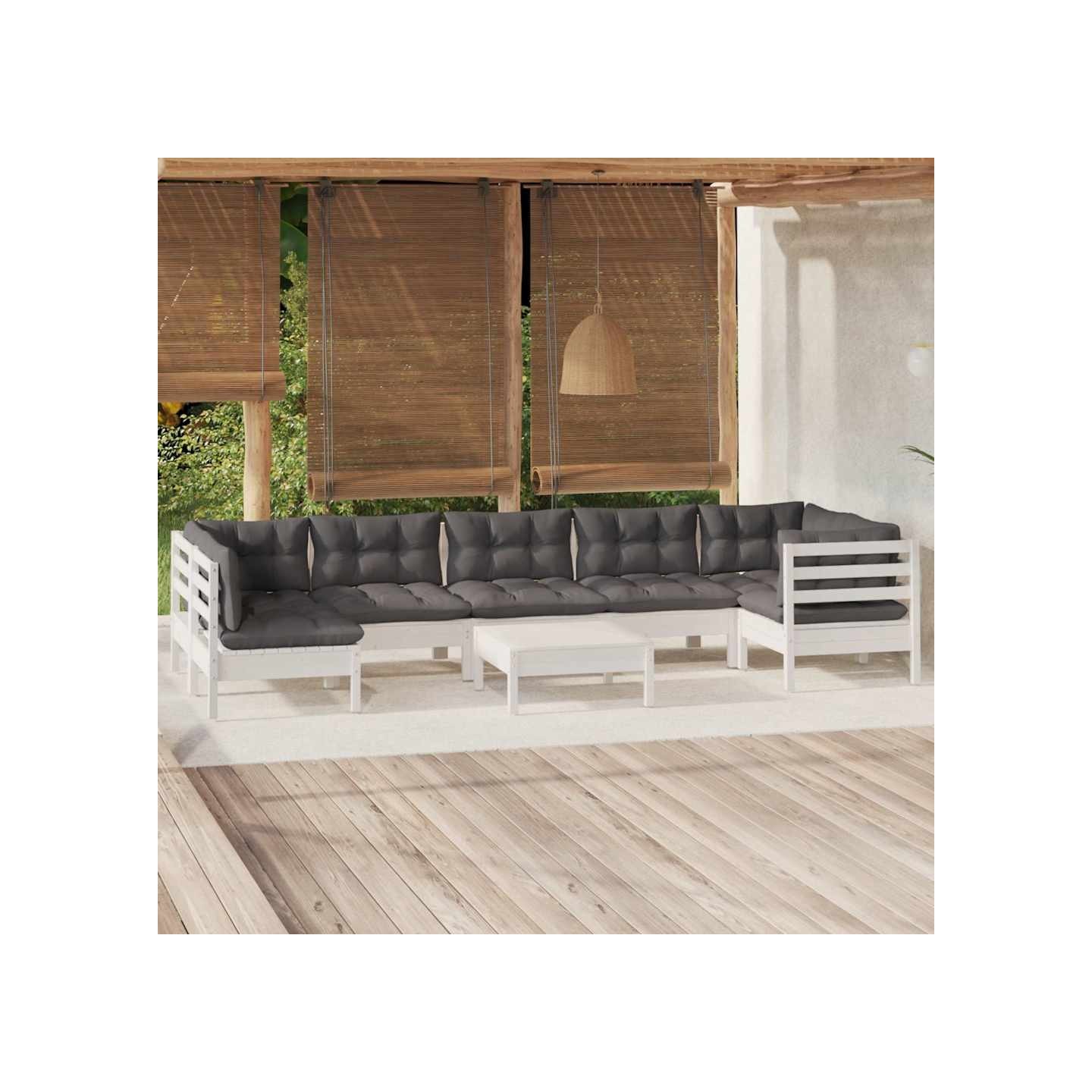 Salon de jardin 8 pcs avec coussins blanc bois de pin