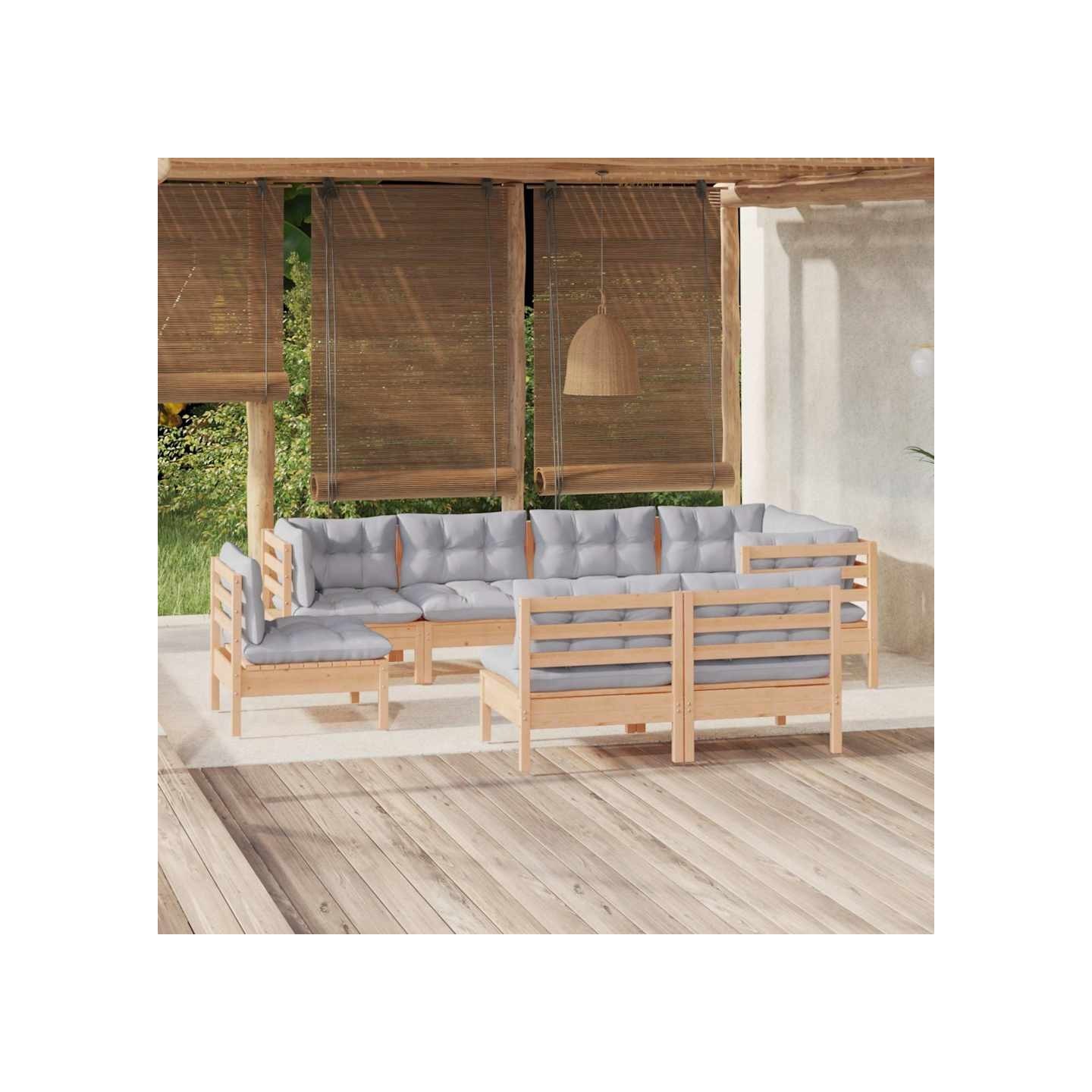 Salon de jardin 8 pcs avec coussins gris Bois de pin massif