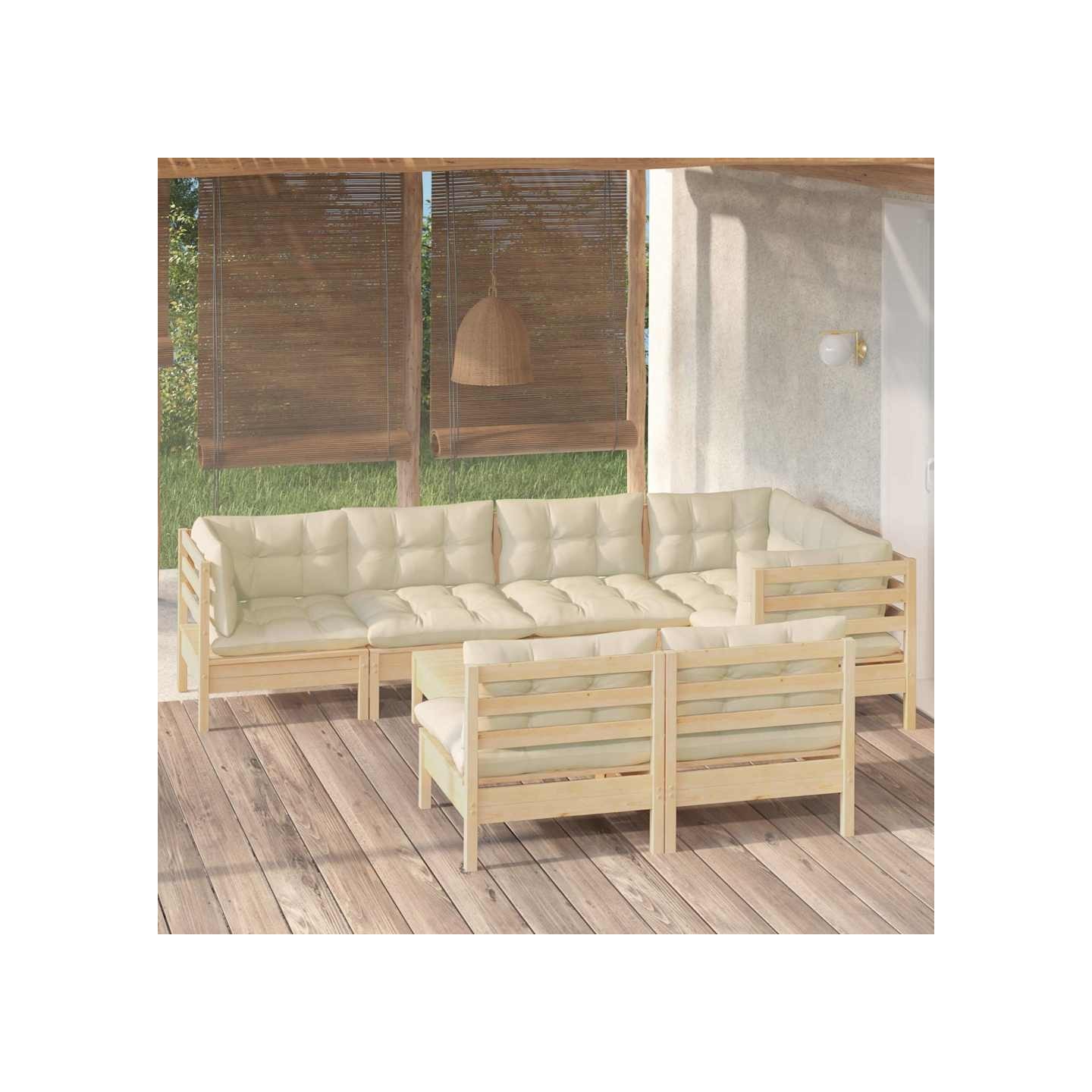 Salon de jardin 8 pcs avec coussins crème Bois de pin massif