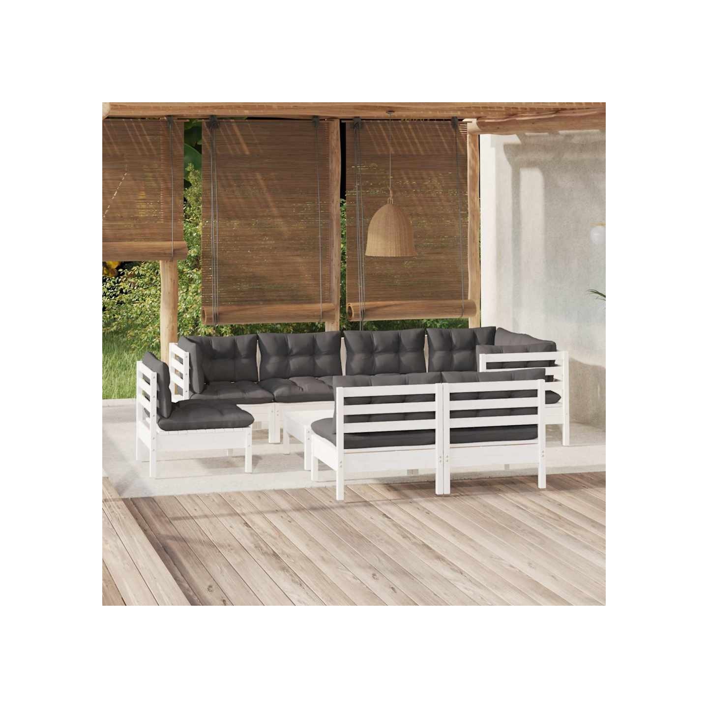 Salon de jardin 9 pcs avec coussins blanc bois de pin massif