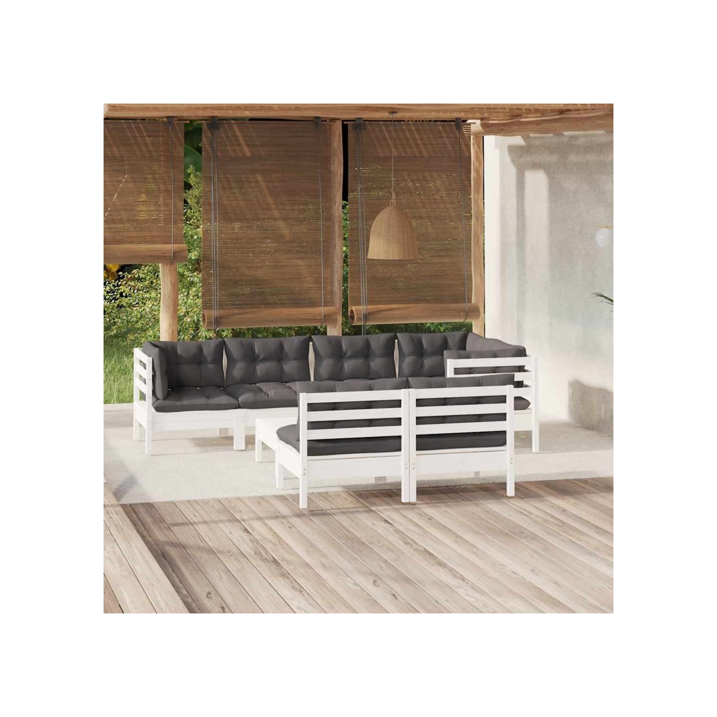 Salon de jardin 8 pcs avec coussins blanc bois de pin massif