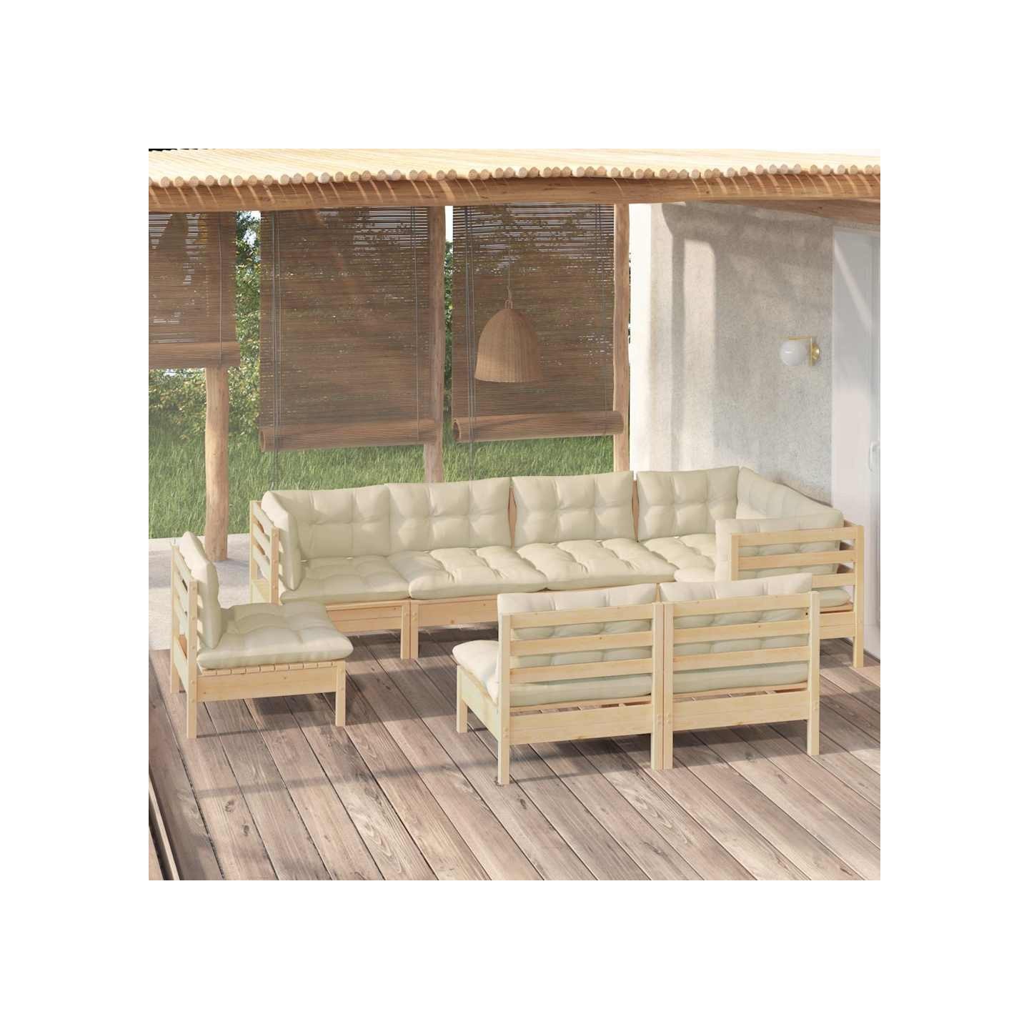 Salon de jardin 8 pcs avec coussins crème Bois de pin massif