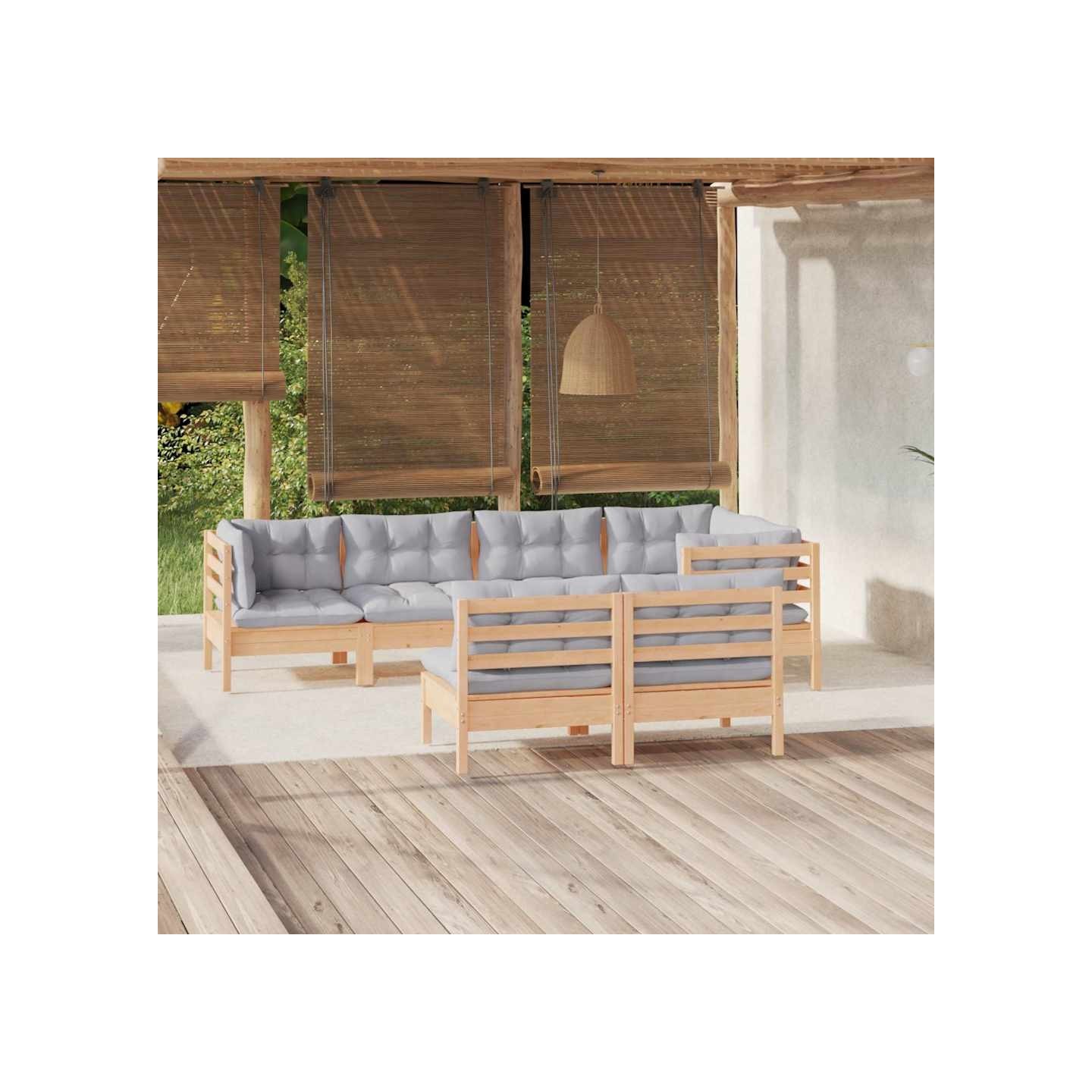 Salon de jardin 7 pcs avec coussins gris bois de pin massif