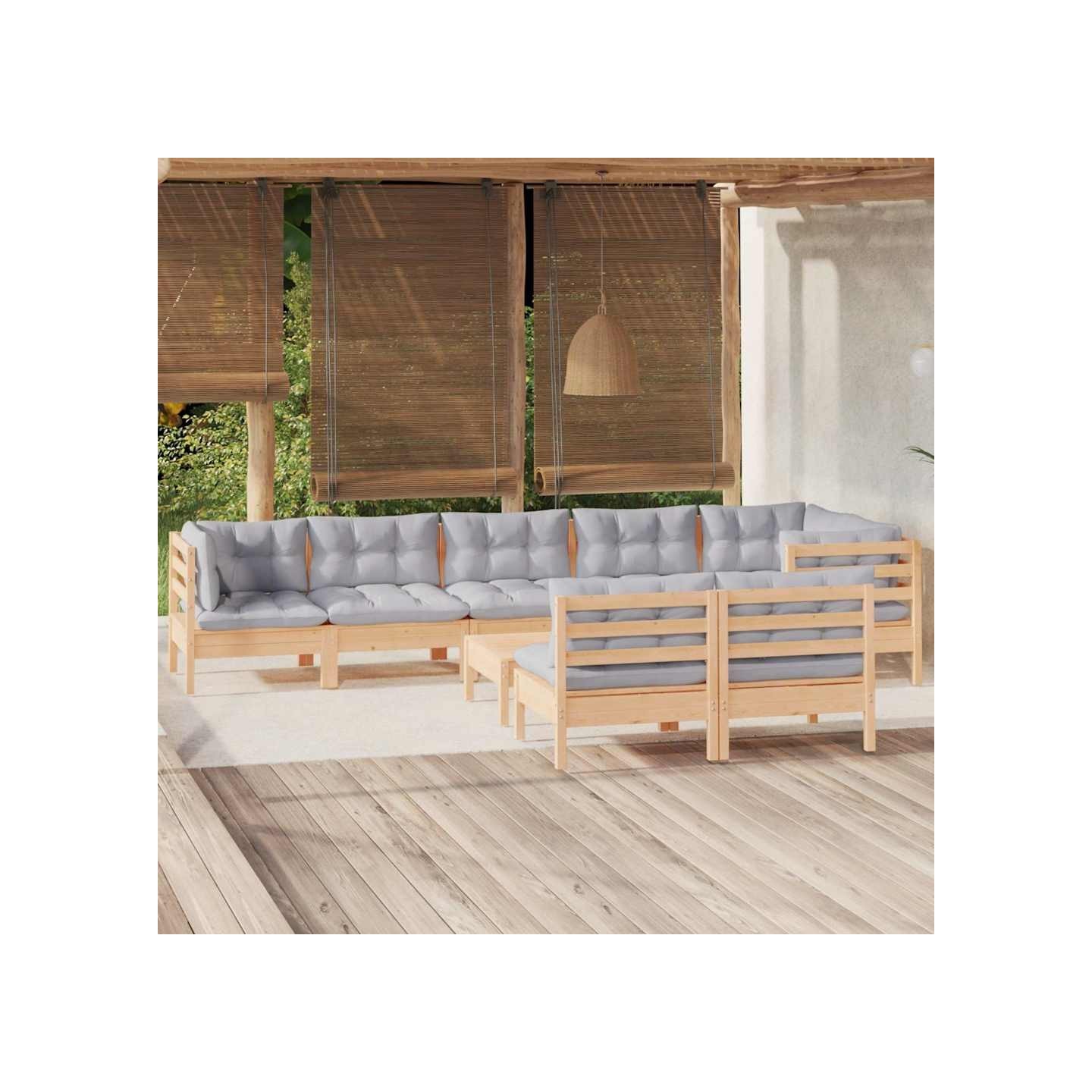 Salon de jardin 9 pcs avec coussins gris bois de pin massif
