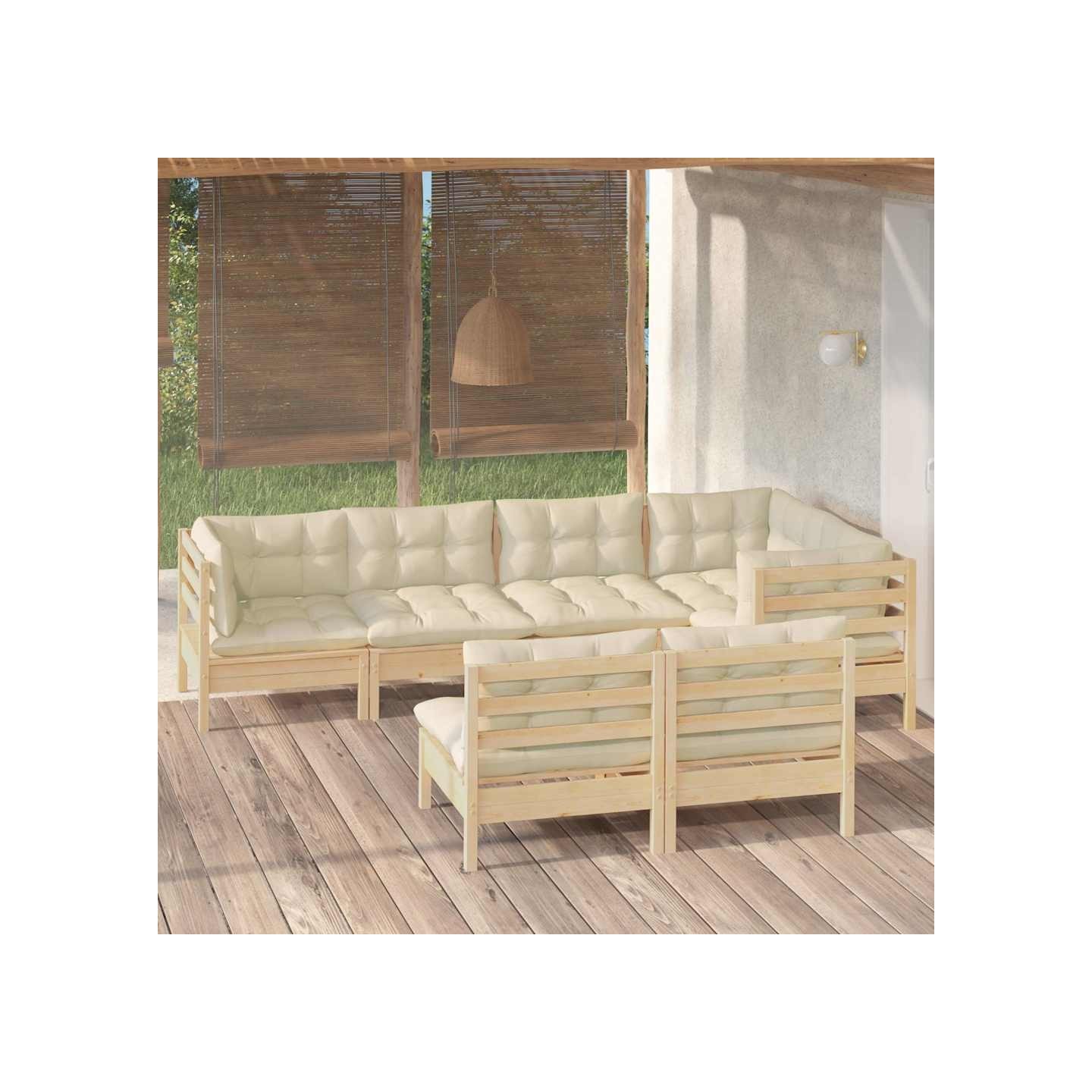 Salon de jardin 7 pcs avec coussins crème bois de pin massif