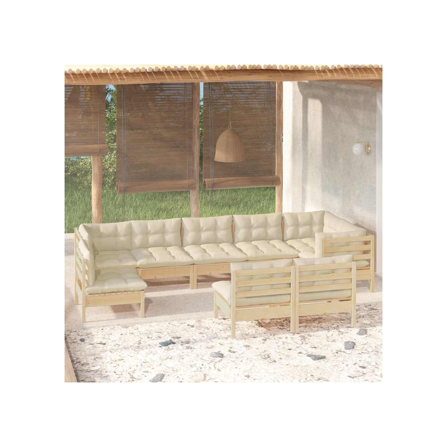 Salon de jardin 9 pcs avec coussins crème bois de pin massif