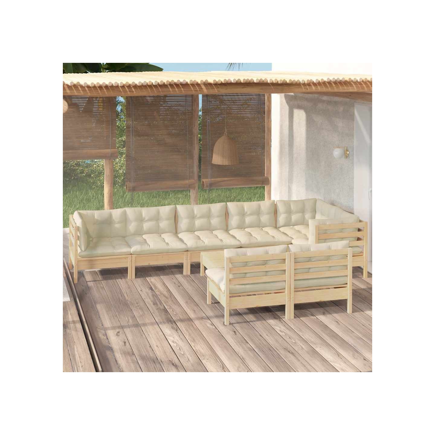 Salon de jardin 9 pcs avec coussins crème bois de pin massif