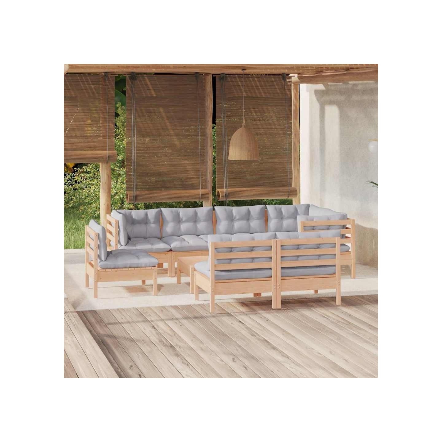Salon de jardin 9 pcs avec coussins gris bois de pin massif