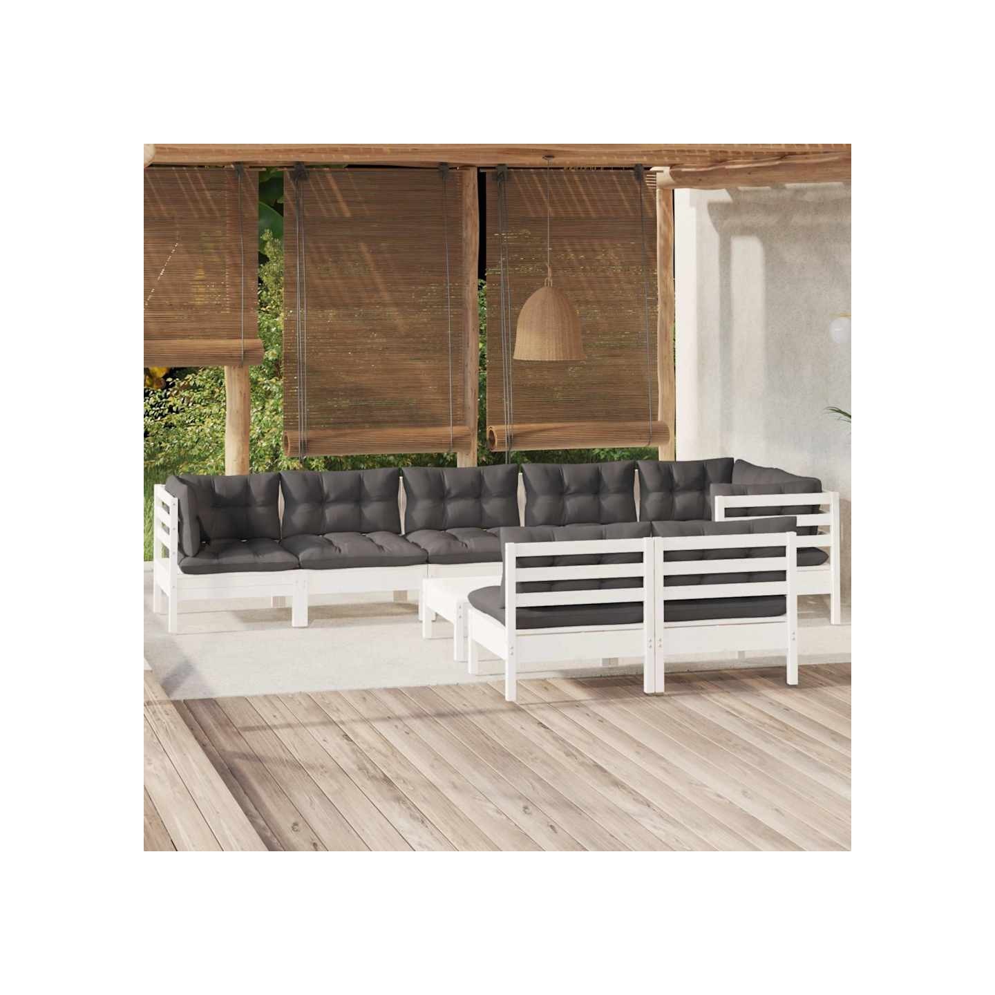 Salon de jardin 9 pcs avec coussins blanc bois de pin massif