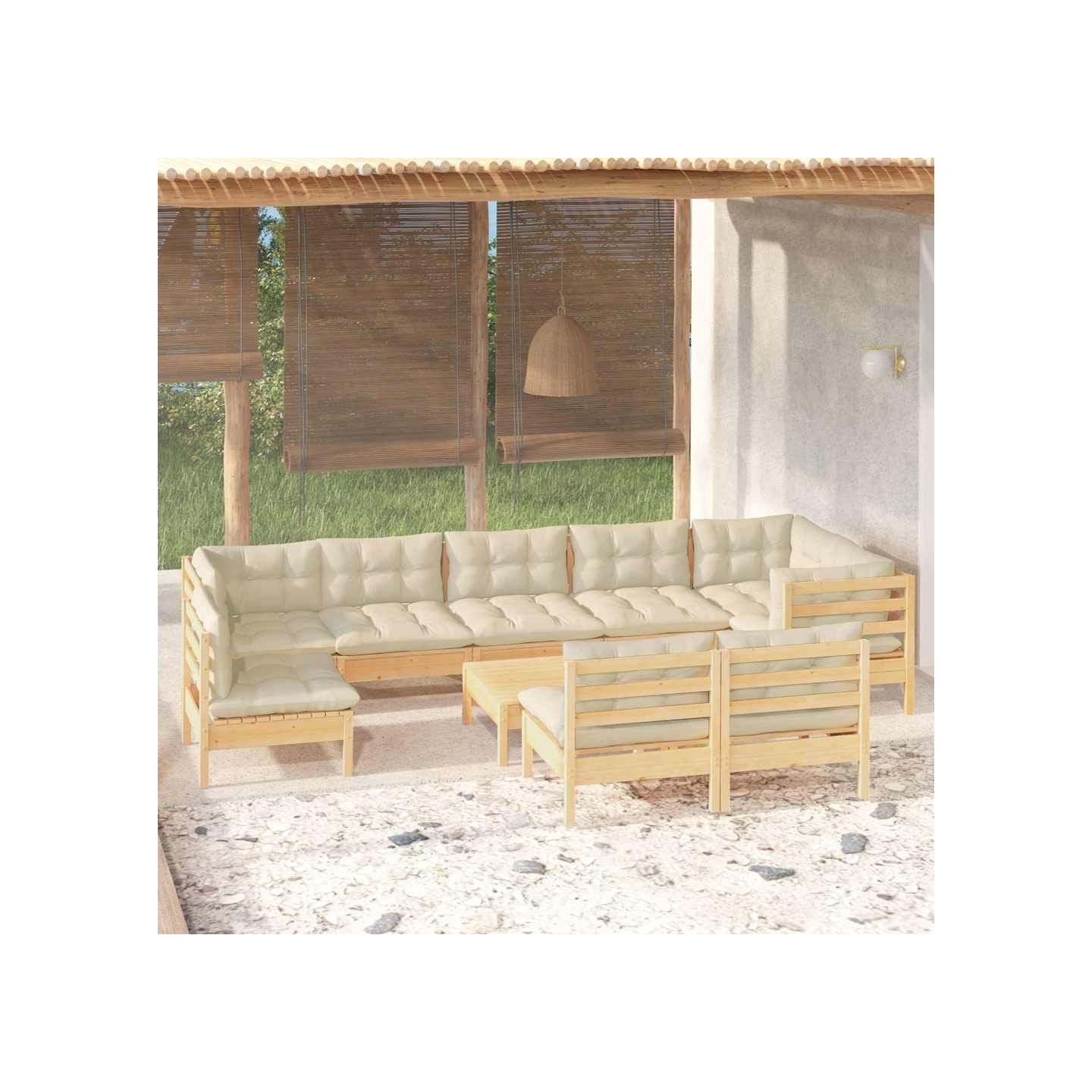 Salon de jardin 10 pcs avec coussins crème bois de pin massif