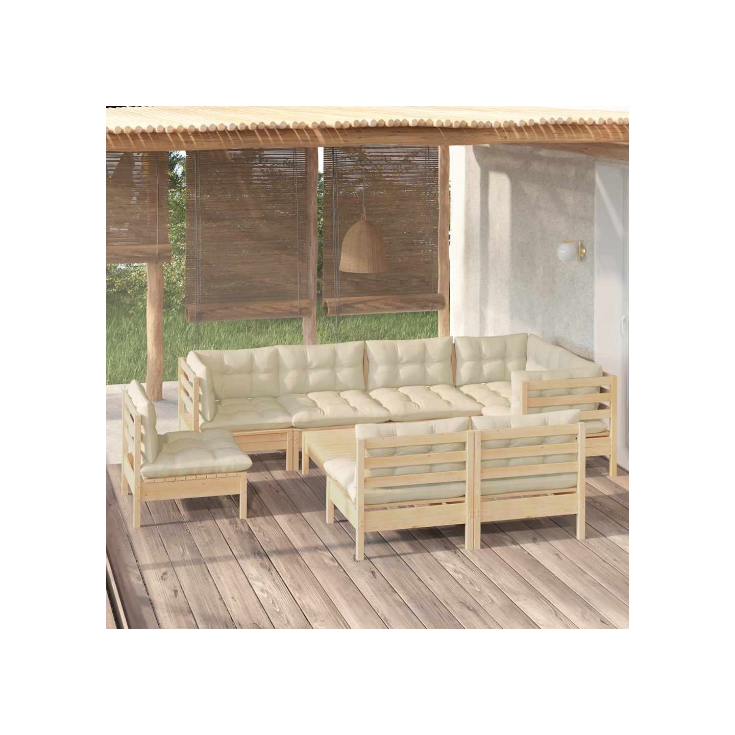 Salon de jardin 9 pcs avec coussins crème bois de pin massif