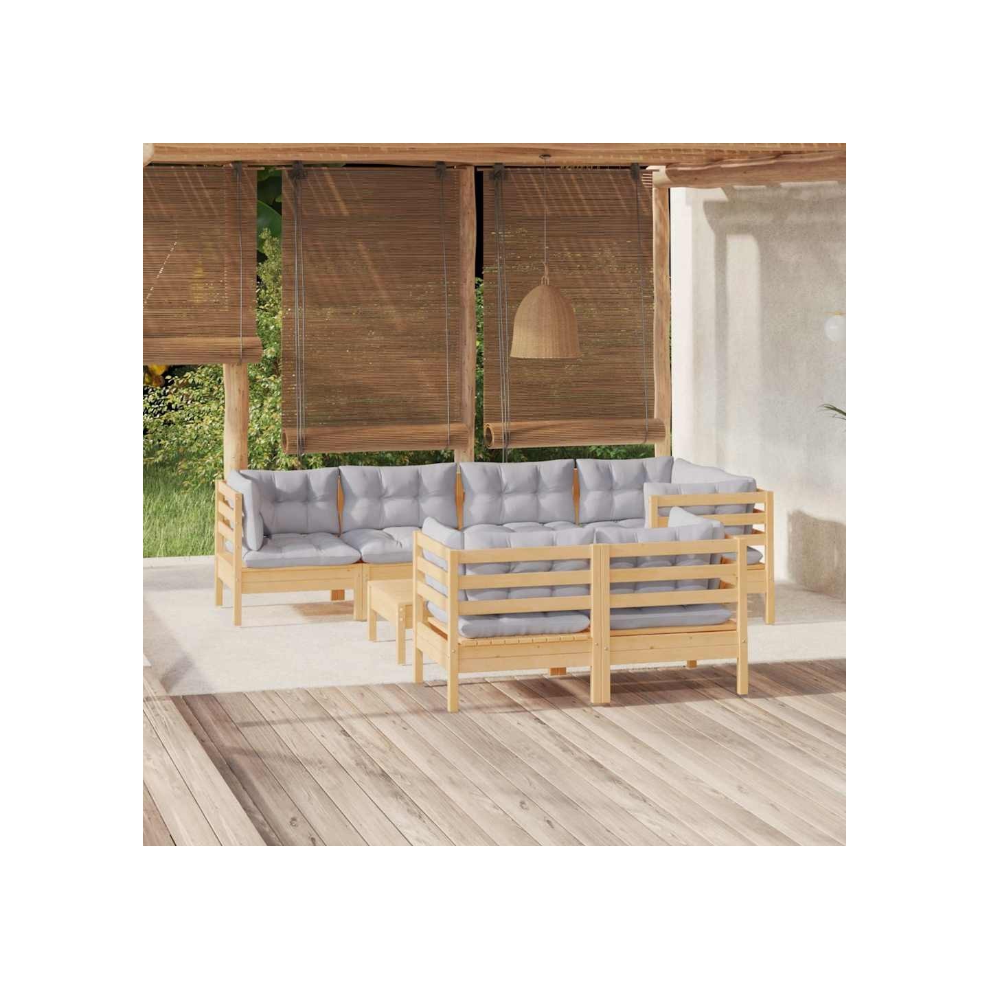 Salon de jardin 8 pcs avec coussins gris Bois de pin massif
