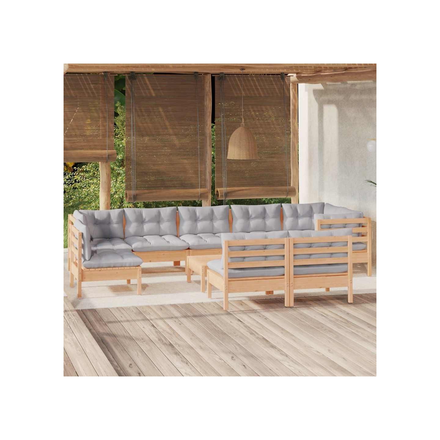 Salon de jardin 10 pcs avec coussins gris bois de pin massif