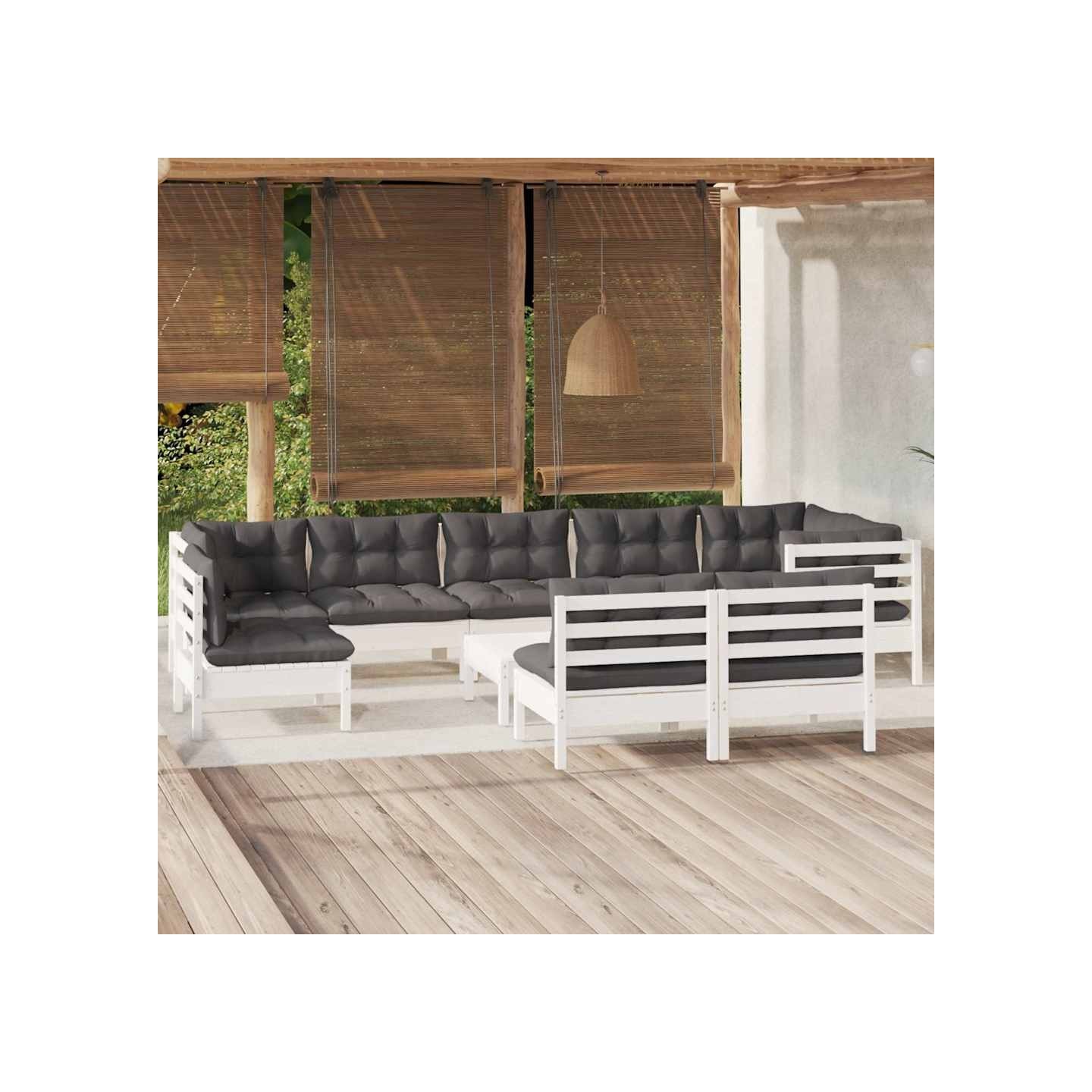 Salon de jardin 10 pcs avec coussins blanc bois de pin massif