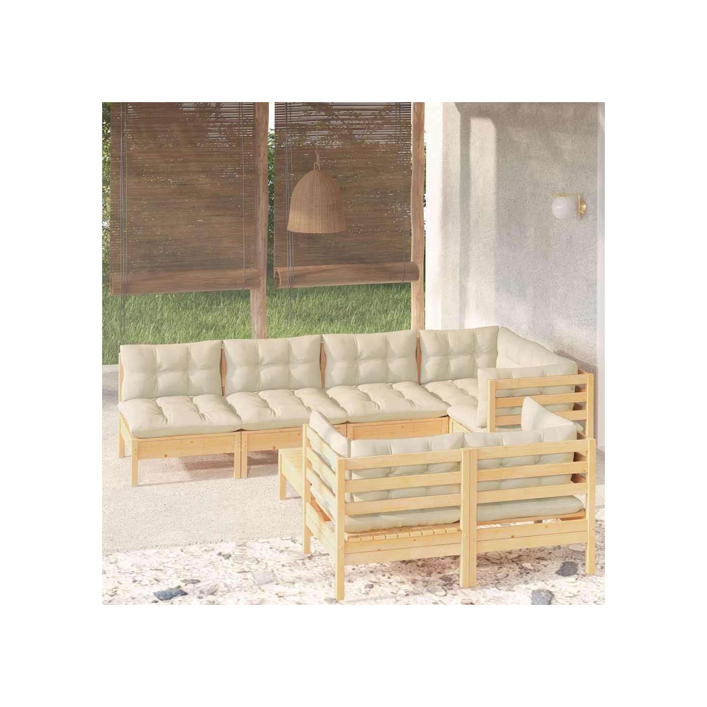 Salon de jardin 8 pcs avec coussins crème Bois de pin massif