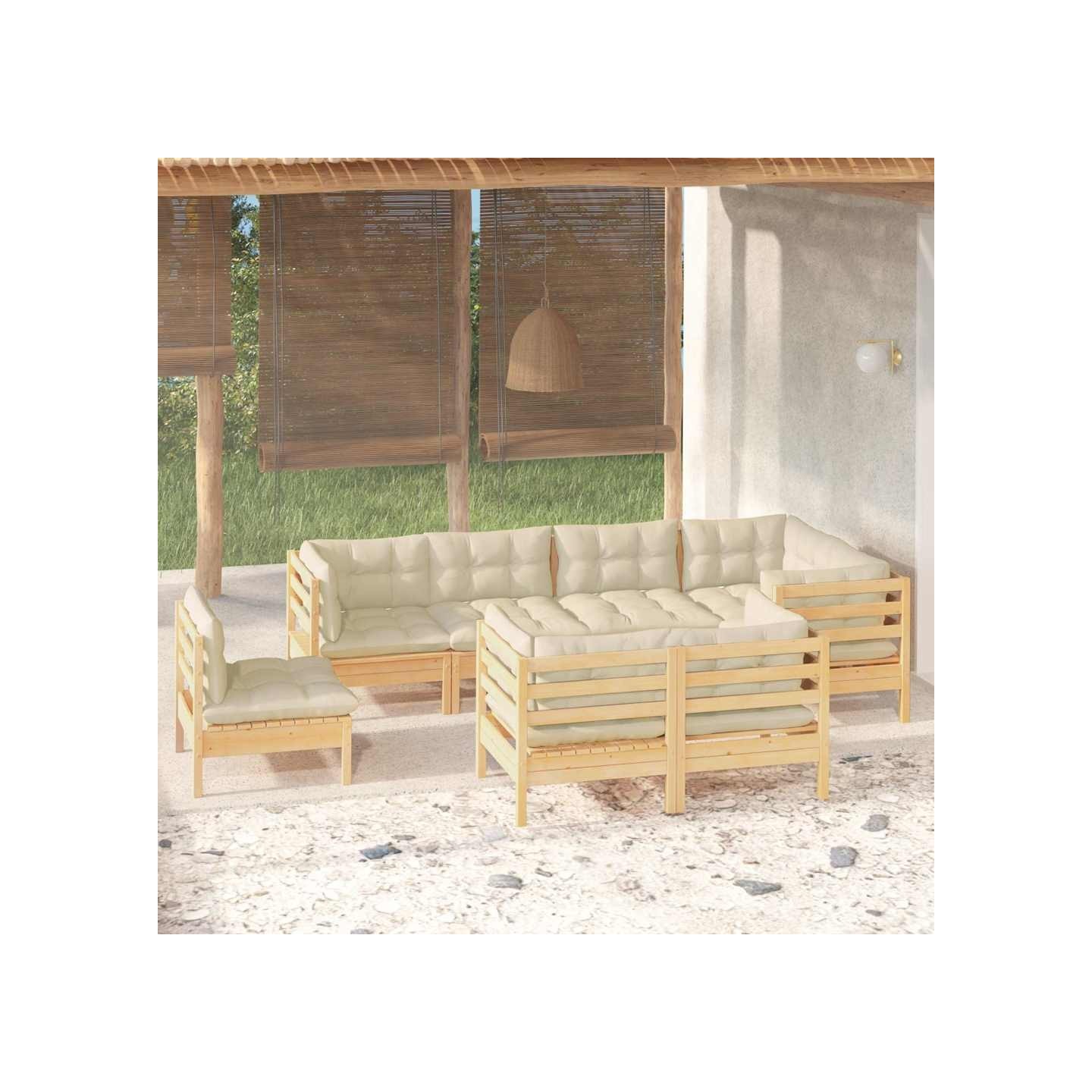 Salon de jardin 8 pcs avec coussins crème Bois de pin massif