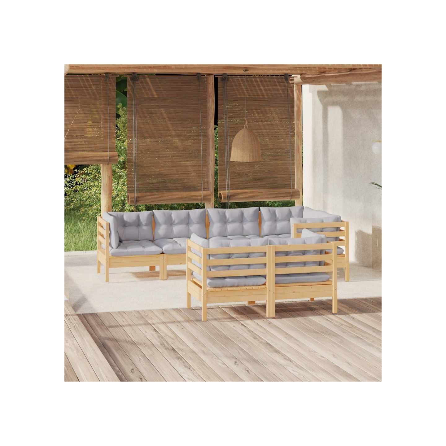 Salon de jardin 7 pcs avec coussins gris bois de pin massif