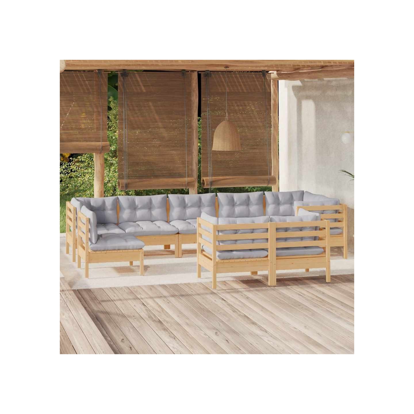 Salon de jardin 9 pcs avec coussins gris Bois de pin massif