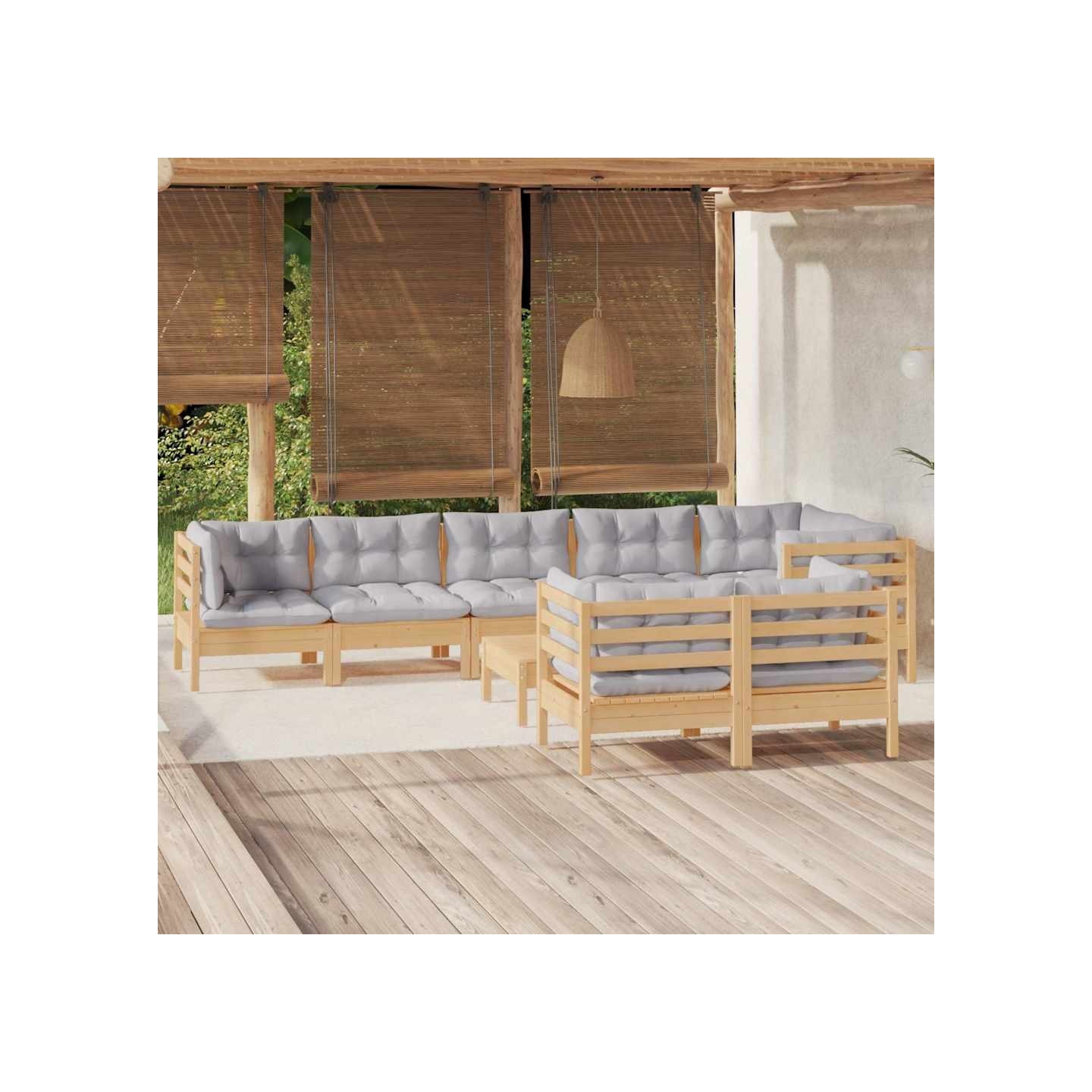 Salon de jardin 9 pcs avec coussins gris bois de pin massif