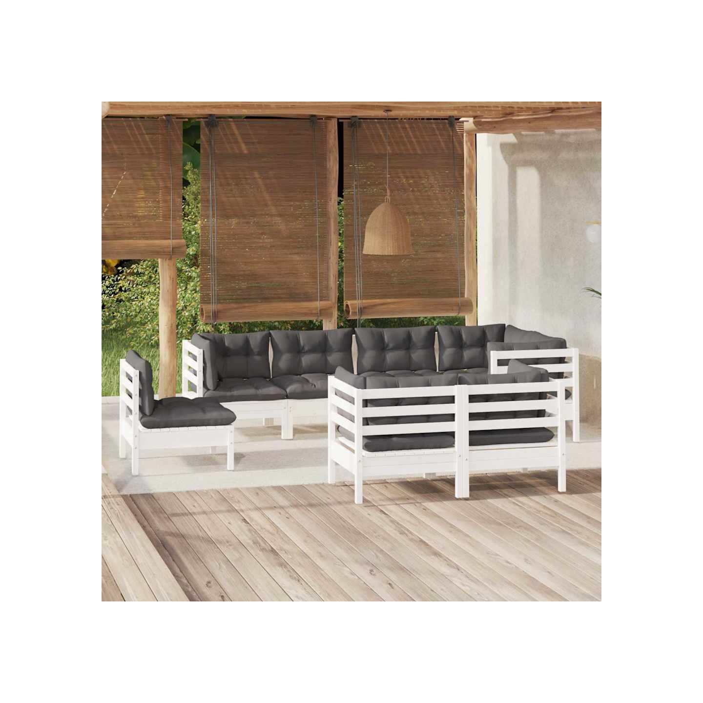 Salon de jardin 8 pcs avec coussins blanc bois de pin massif