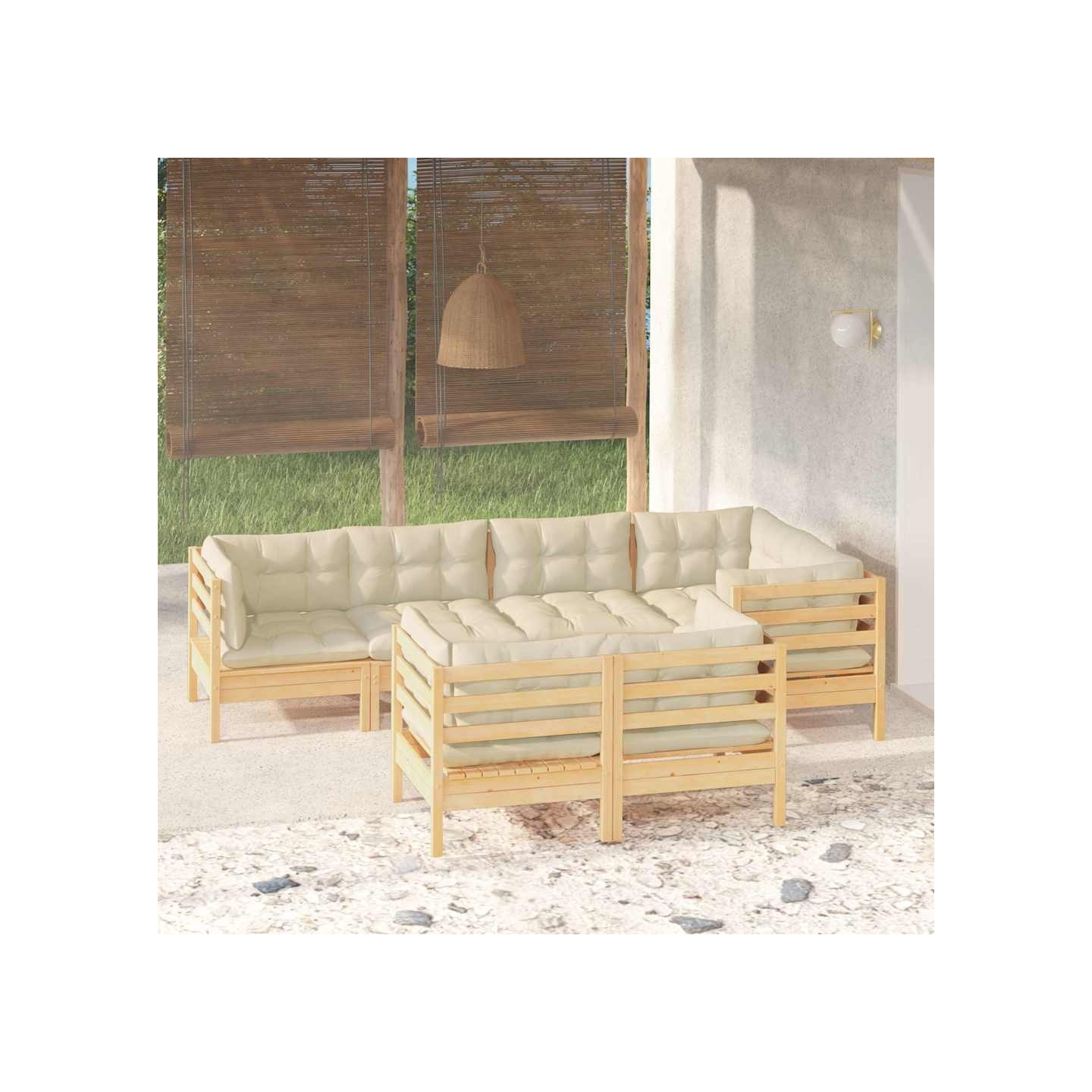 Salon de jardin 7 pcs avec coussins crème bois de pin massif