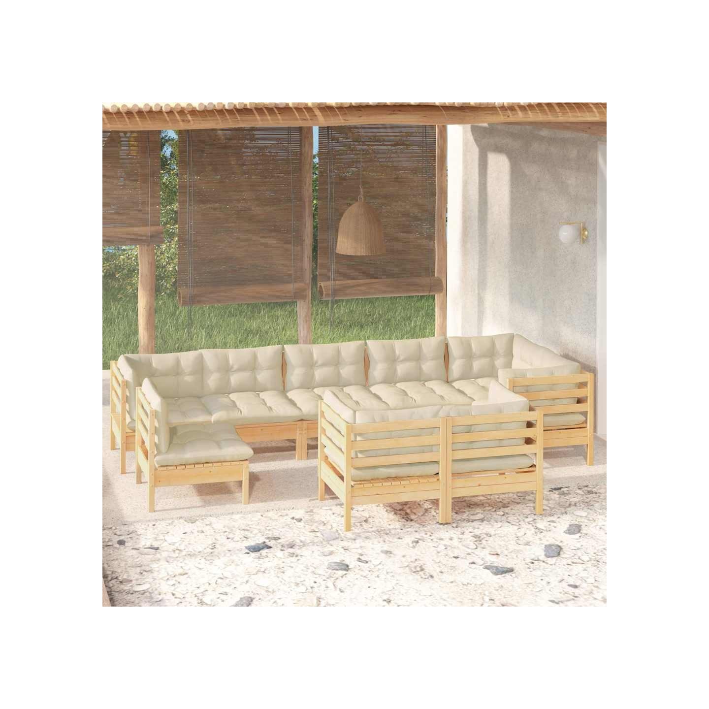 Salon de jardin 9 pcs avec coussins crème bois de pin massif