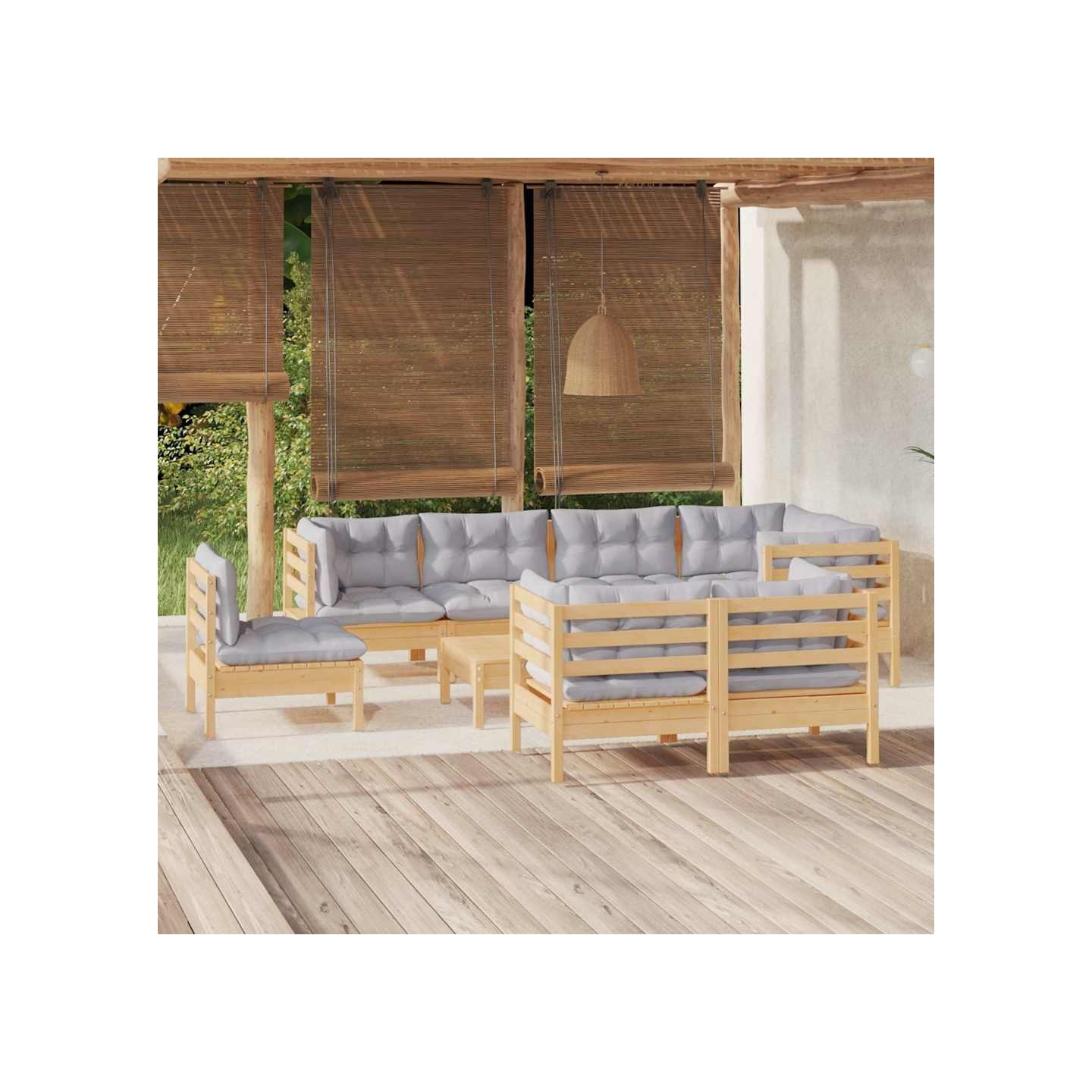 Salon de jardin 9 pcs avec coussins gris bois de pin massif