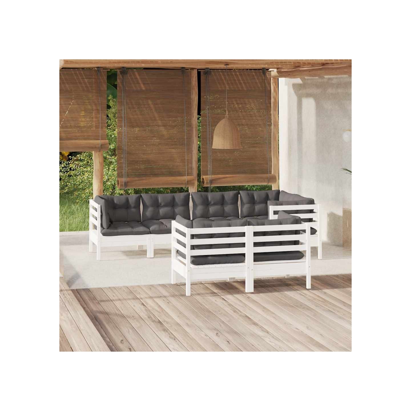 Salon de jardin 7 pcs avec coussins blanc bois de pin massif