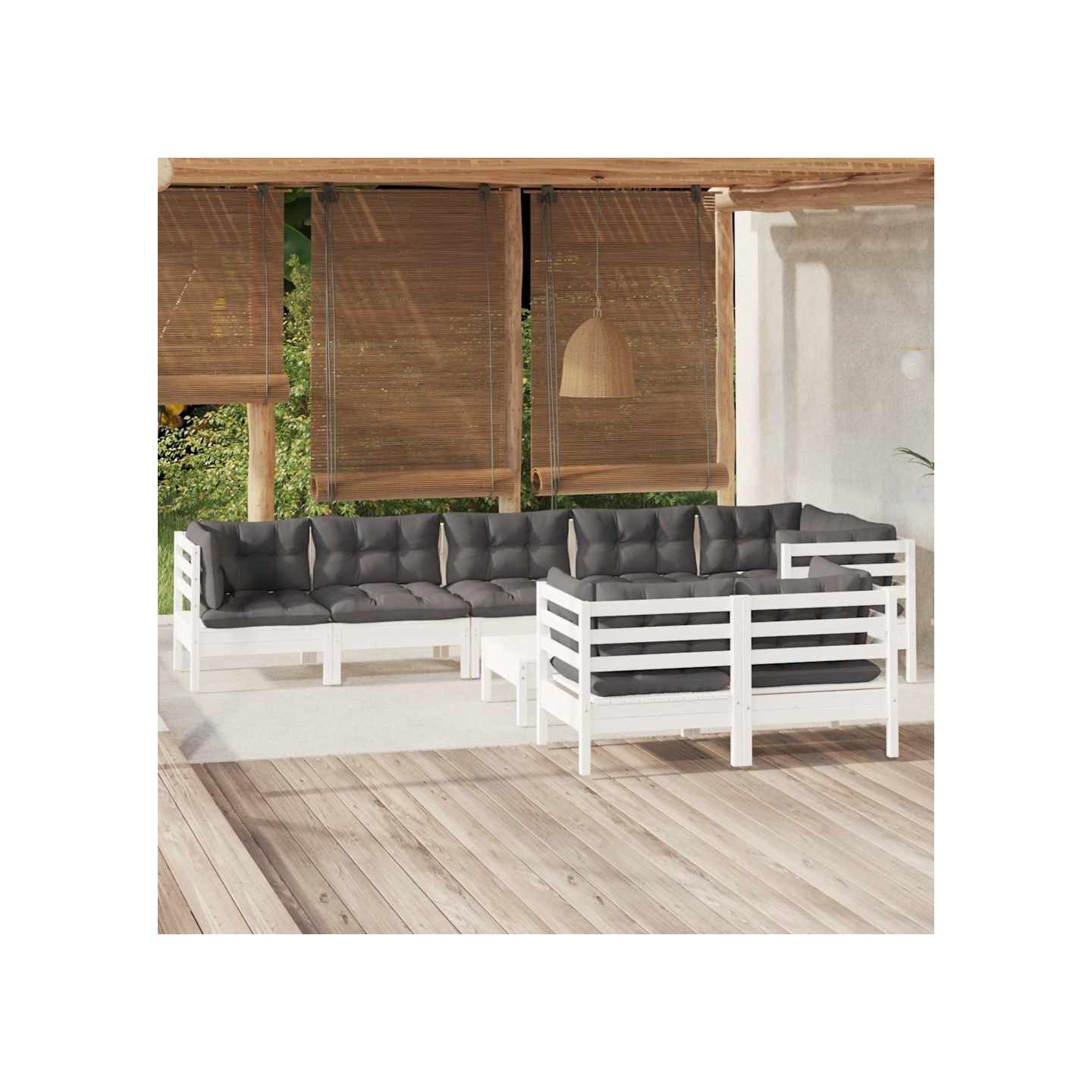 Salon de jardin 9 pcs avec coussins blanc bois de pin massif