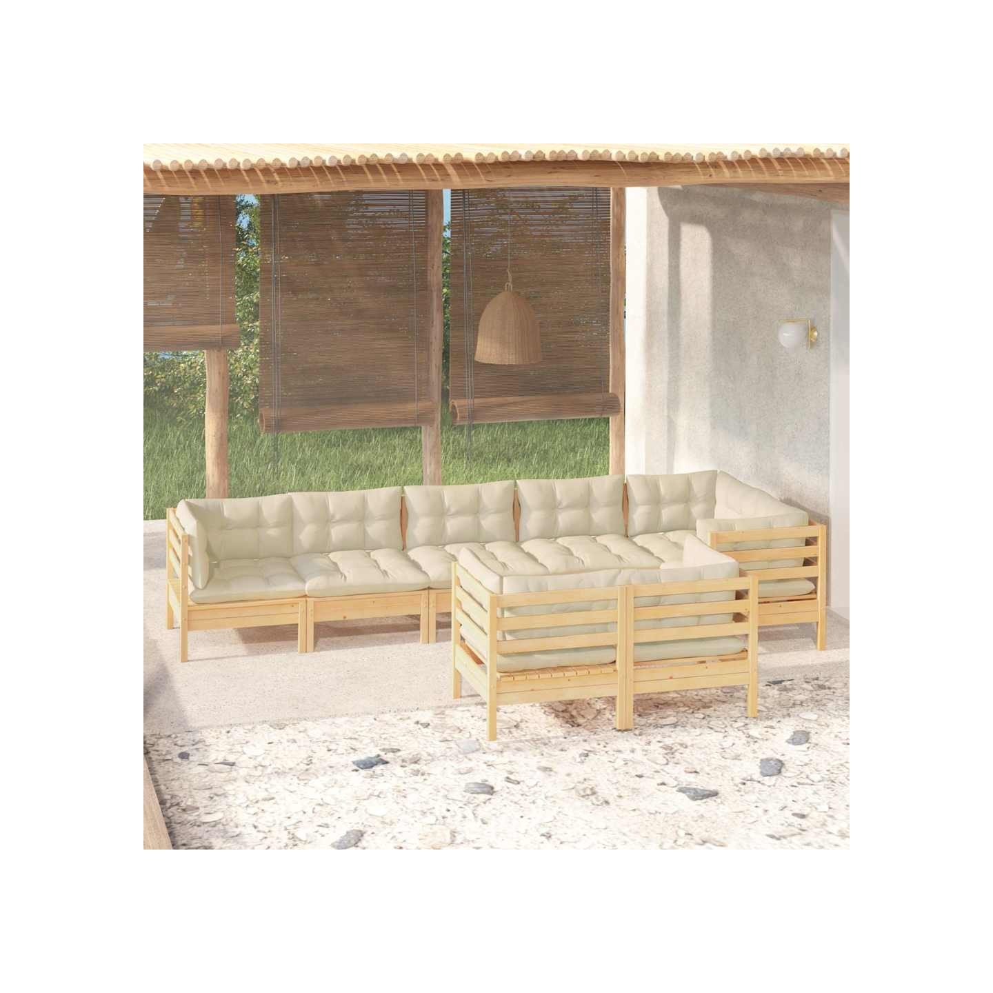 Salon de jardin 8 pcs avec coussins crème Bois de pin massif