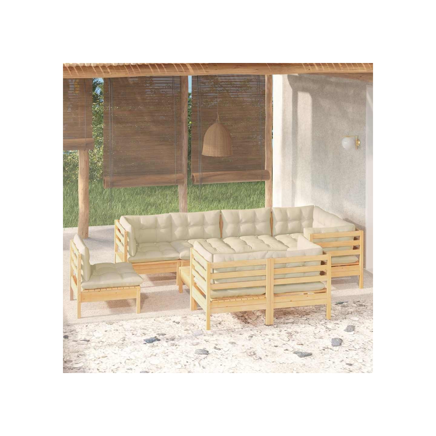 Salon de jardin 9 pcs avec coussins crème bois de pin massif
