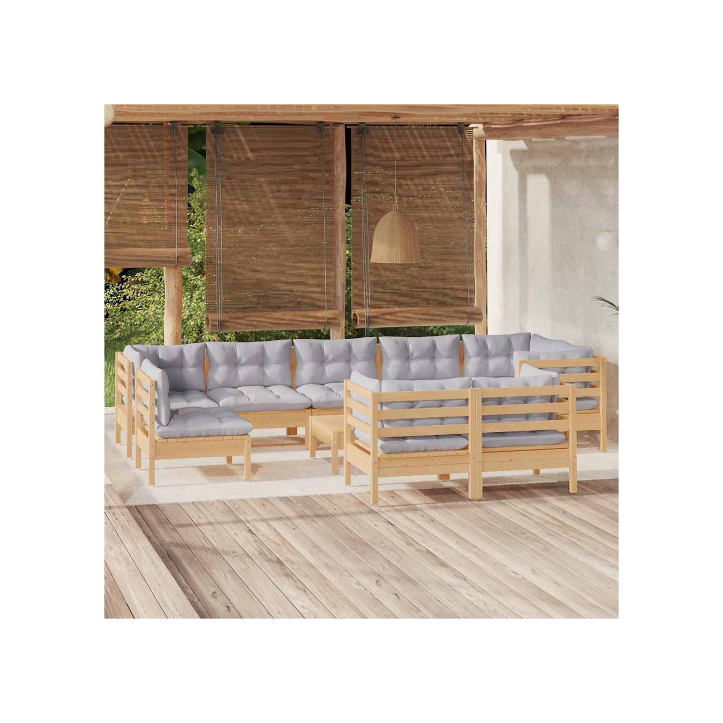 Salon de jardin 10 pcs avec coussins gris bois de pin massif